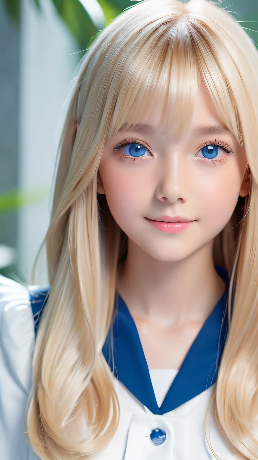Portrait、、Sailor suit、Young shiny glossy bright white skin、Blonde reflection、Super long, natural platinum blonde hair with dazzling highlights、Bangs between the eyes、bangs that fall on the face、、Shiny bright hair,、Super long, silky straight hair、Shiny beautiful bangs、Sparkling crystal clear attractive big bright blue eyes、Very big eyes、Very beautiful, lovely and cute 16 year old girl、Ample Bust、Healthy glowing skin、Small Face Beauty、Round face