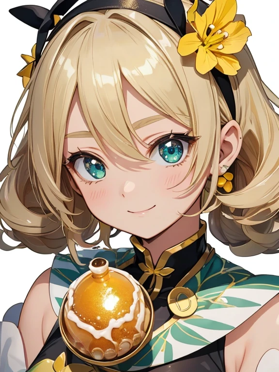 1woman、ハニーとシアバターの石鹸の転生体woman、Highly detailed skin textures、green big eyes、Sparkling eyes、Thin eyebrows、round face、Healthy bright make-up、Very delicate blonde hair、Curly Hair、Very short hair、Characterized by Honey and Shea Butter Soap、Close-up shot、headband with bee antennae、Honey pod, smiling full of compassion