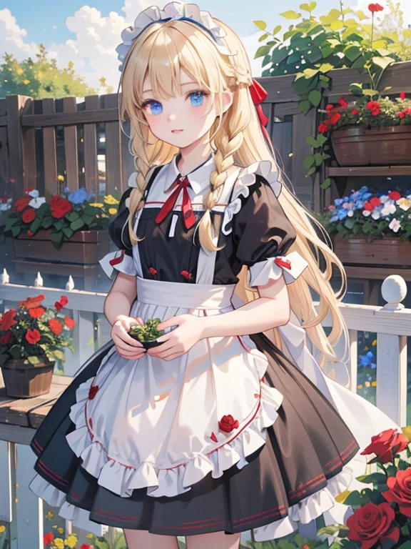 masterpiece, highest quality, Very detailed, 16k, Ultra-high resolution, 12 year old girl, Detailed face, blue eyes, Blonde, Braid, Red ribbon on head, Black maid outfit, blue sky, garden, Red Rose, garden木, Watering flowers