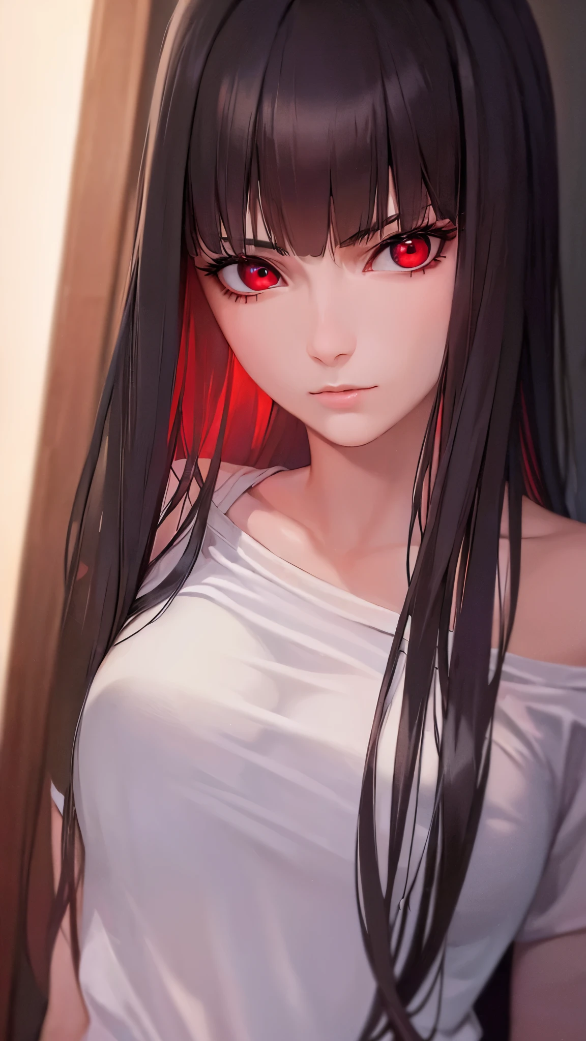 (best quality, highres, realistic:1.37),ultra-detailed,long black hair,red eyes,beautiful red eyes,serious expression,casual black clothes,large breasts,detailed face and features,vivid colors,dark atmosphere,soft lighting,beautiful girl,modern style