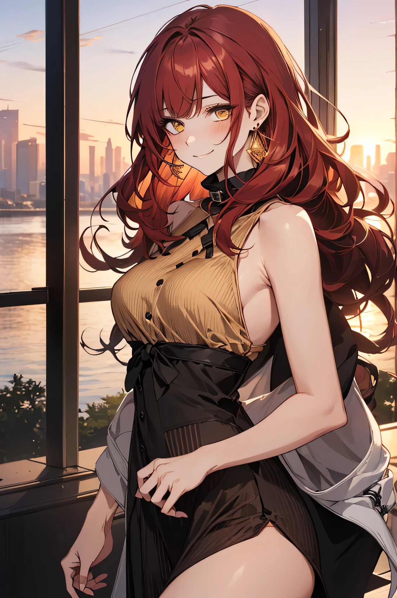 (top quality, masterpiece, high quality, ultra-delicate), ((adult)), ((beautiful girl)), ((Red hair)), mature, graceful curves, (long hair, long bangs), ((bright golden eyes)), detailed eyes, modern clothing, bangs, fashionable clothing, black collar, long white sundress, casual ribbon, large breast and chest, charm, fashion, sunset in the background small blush, thick thighs, breast, green earrings, small smile.