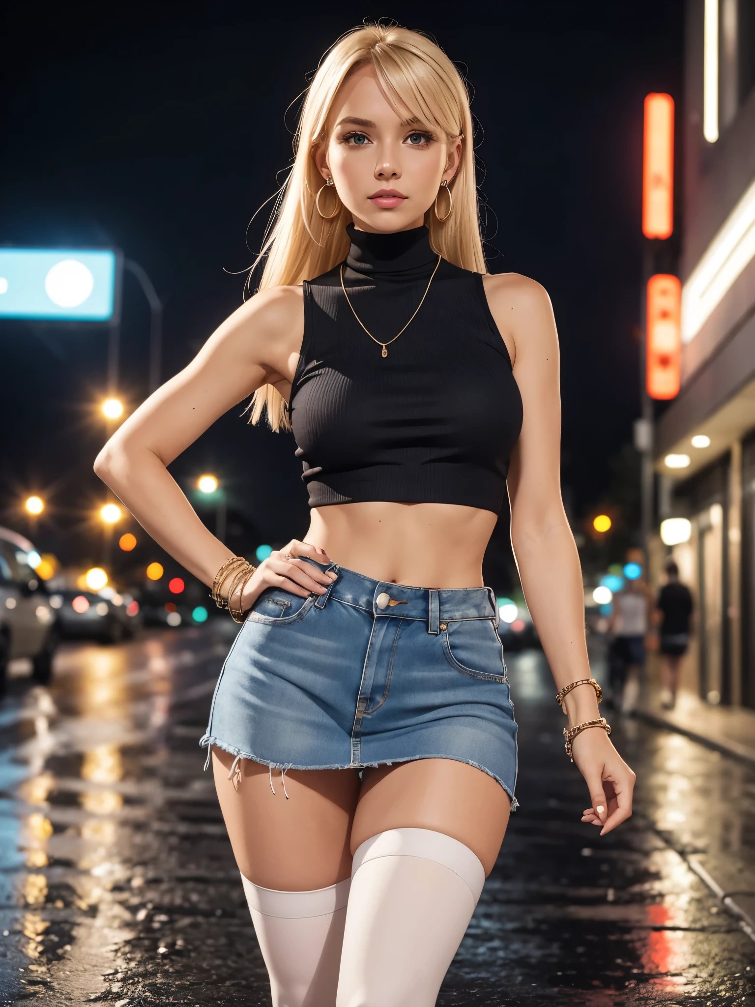 a blond woman. wearing a fitted sleeveless turtleneck crop top. Denim mini skirt White stockings Necklace. Earrings. Bracelet.
. On a rainy night walking in the street.
