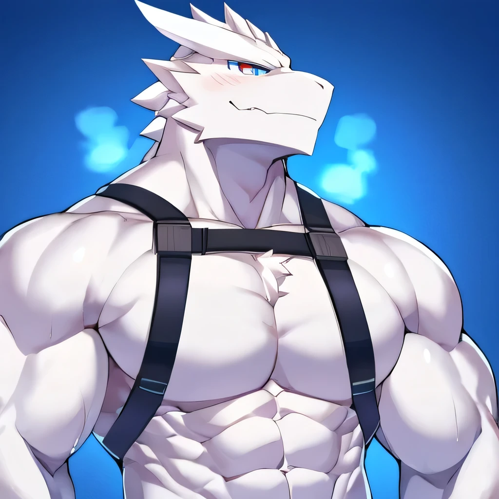 Thin macho white dragon abs Hollow abs thick arms chest rig 、sweaty skin glow profile Wearily short of breath clenching one's back teeth Knees on the floor rubber suit
