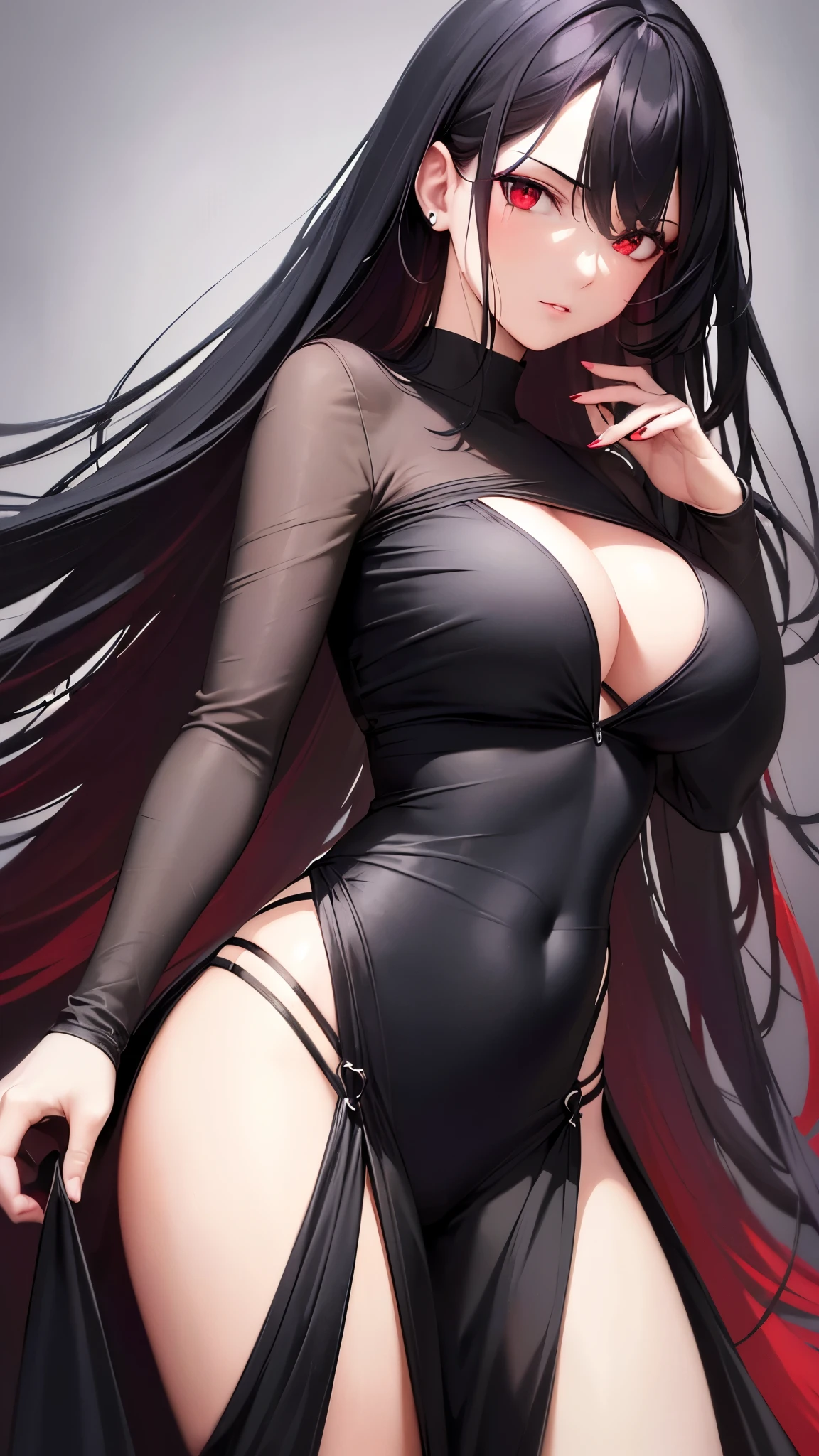 (best quality, highres, realistic:1.37),ultra-detailed,long black hair,red eyes,beautiful red eyes,serious expression,casual black clothes,large breasts,detailed face and features,vivid colors,dark atmosphere,soft lighting,beautiful girl,modern style