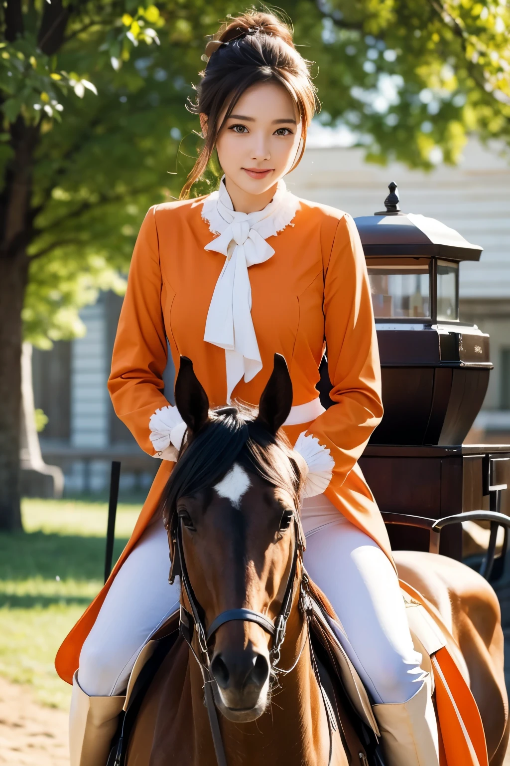 beautiful woman riding a horse, magazine pose, carrot colored costume,