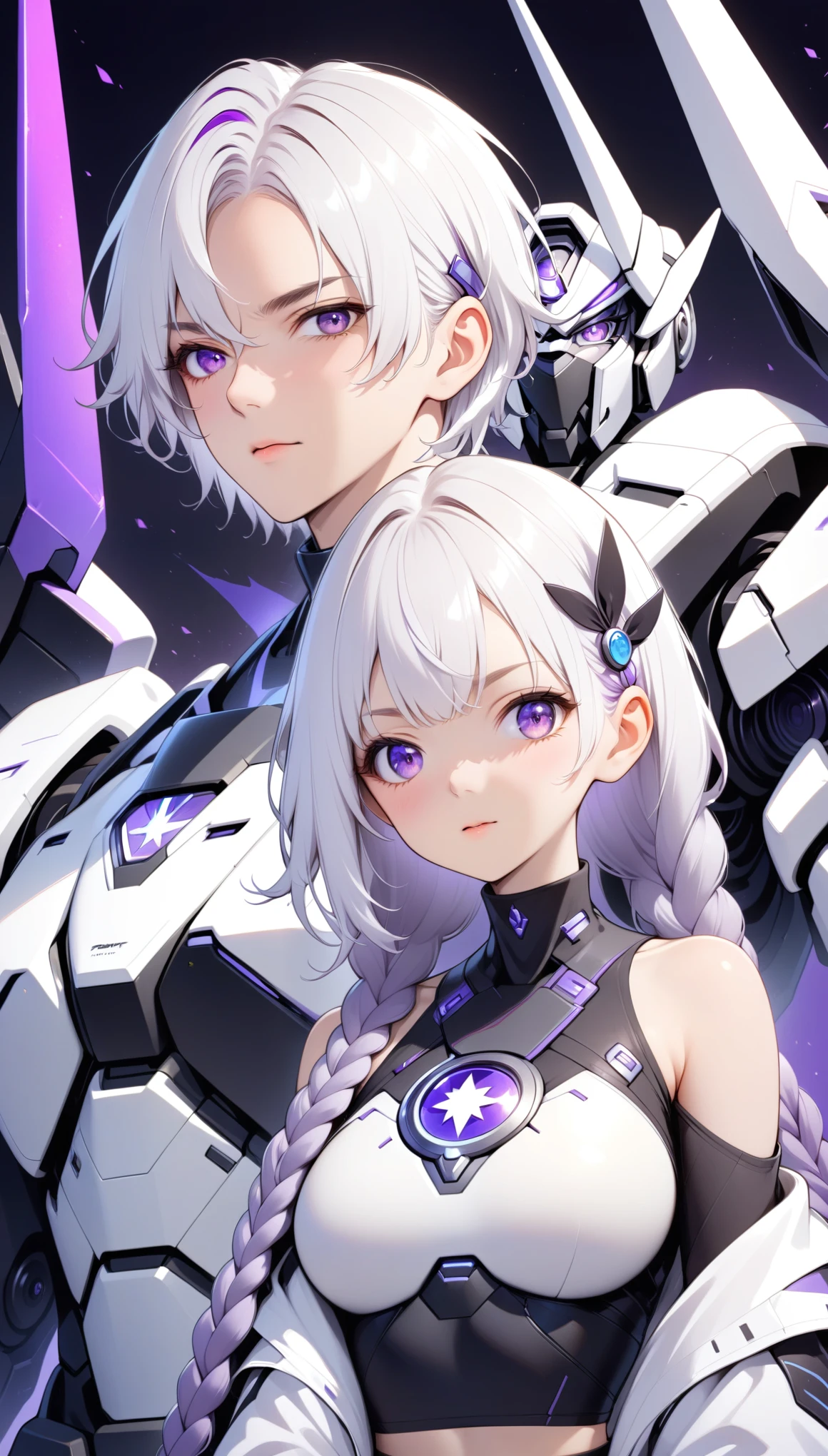 poster design：prospect，（1 Girl portrait，Symmetrical hair accessories，White hair，Long purple braids，Purple Eyes，High neck and shoulder offset，Round glow on chest）。background，（Behind him stands a giant Transformer，Robot）