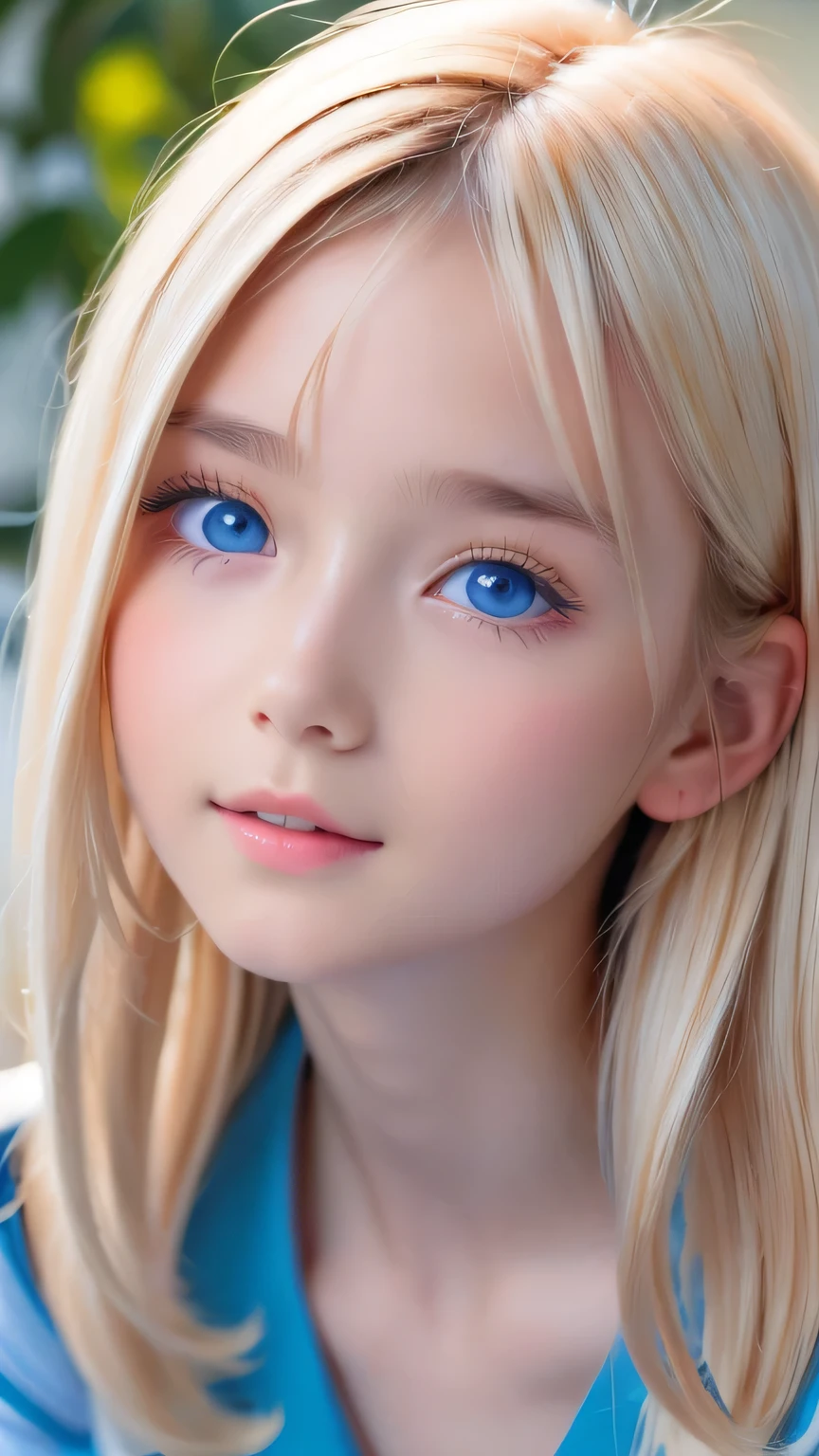 Portrait、、Sailor suit、Young shiny glossy bright white skin、Blonde reflection、Super long, natural platinum blonde hair with dazzling highlights、Bangs between the eyes、bangs that fall on the face、、Shiny bright hair,、Super long, silky straight hair、Shiny beautiful bangs、Big, bright, light blue eyes that shine beautifully、Very big eyes、Very beautiful, lovely and cute 16 year old girl、Ample Bust、Healthy glowing skin、Small Face Beauty、Round face