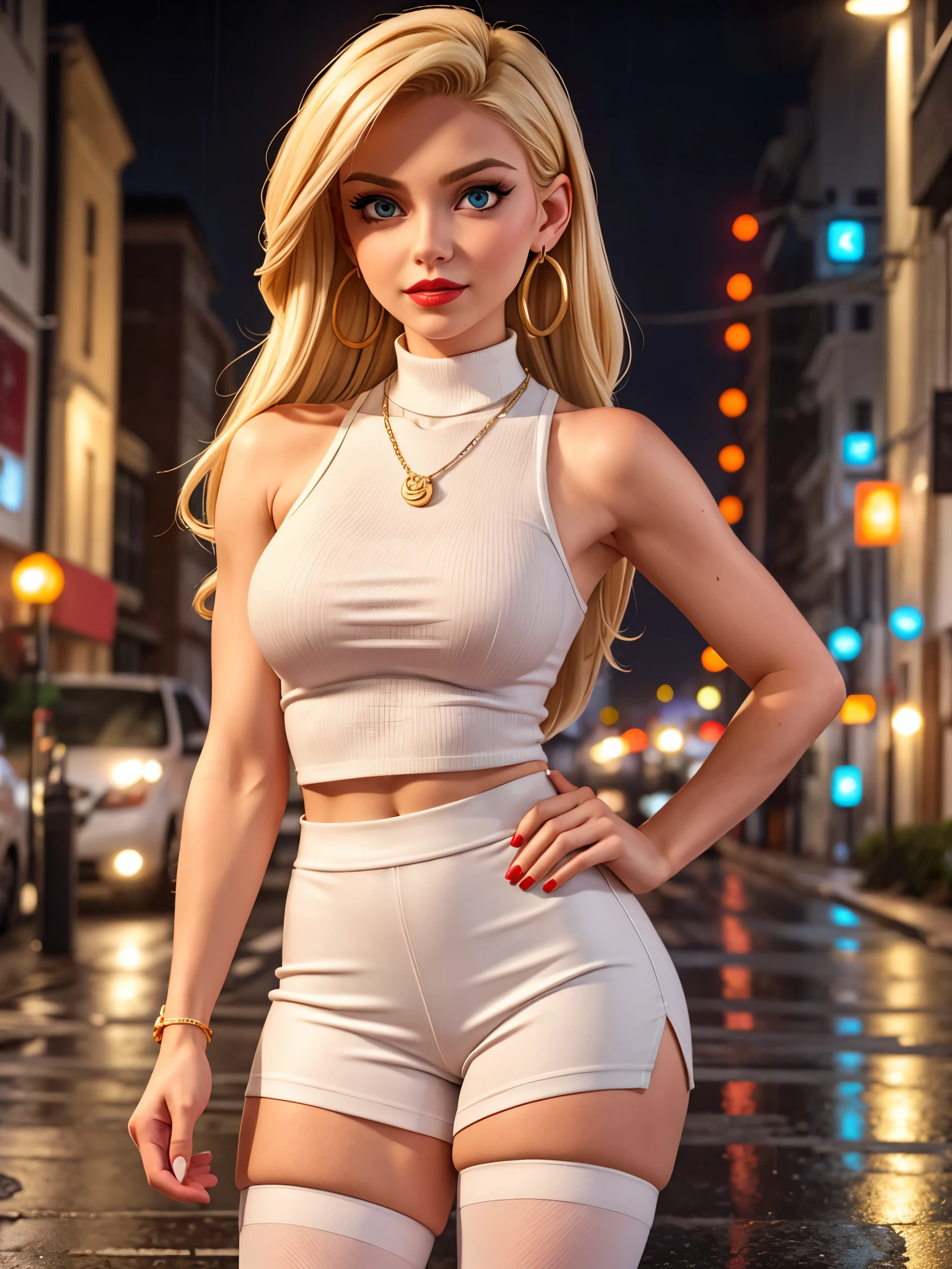 a blond woman. wearing a fitted sleeveless turtleneck crop top. And White stockings Necklace. Earrings. Red lips.  Sexy gaze. On a rainy night in the street. 