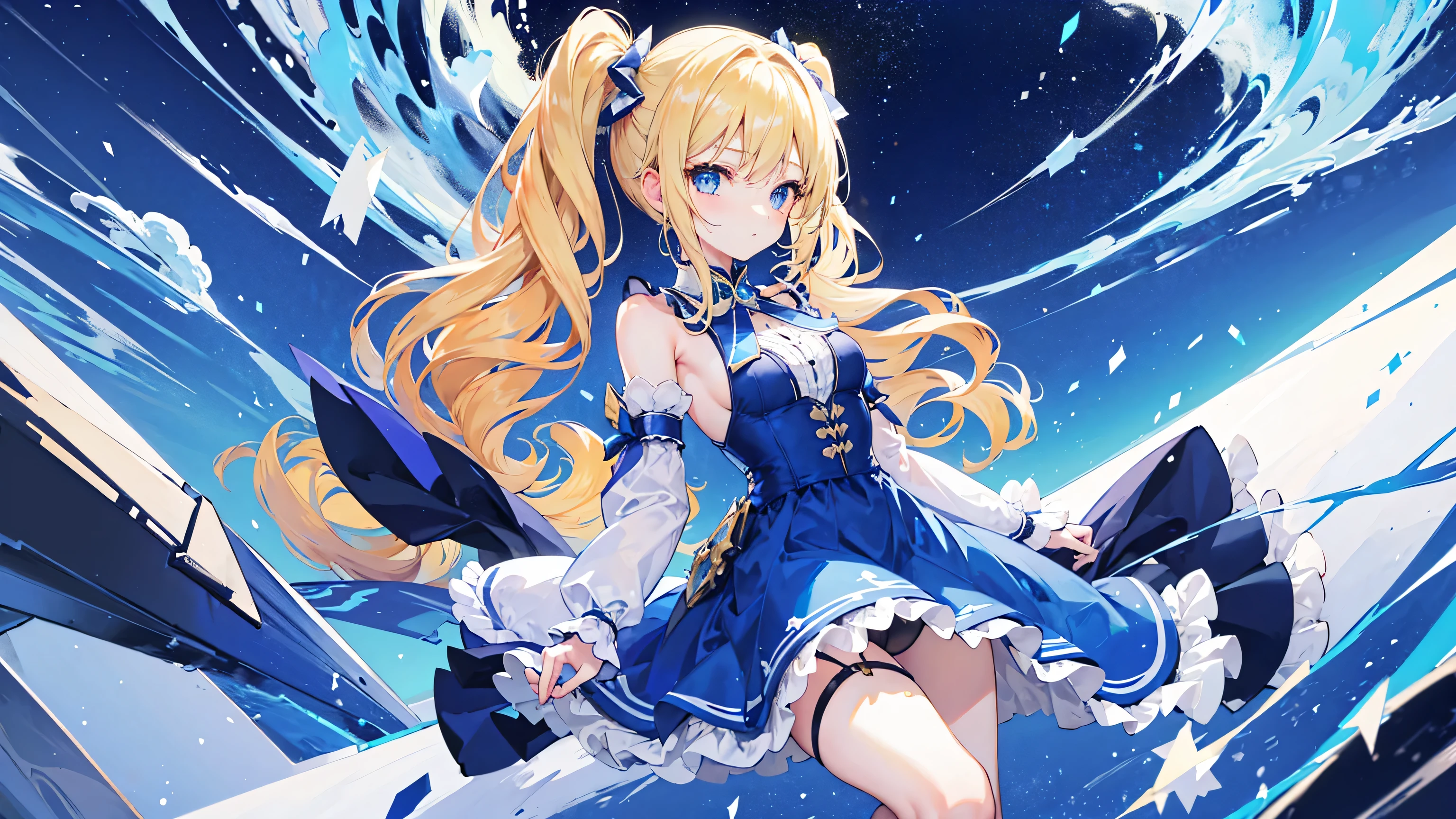 1girl, curly twintail hair, blonde hair, blue eyes, blue elegan dress, stocking, standing on one leg pose, with beautiful background