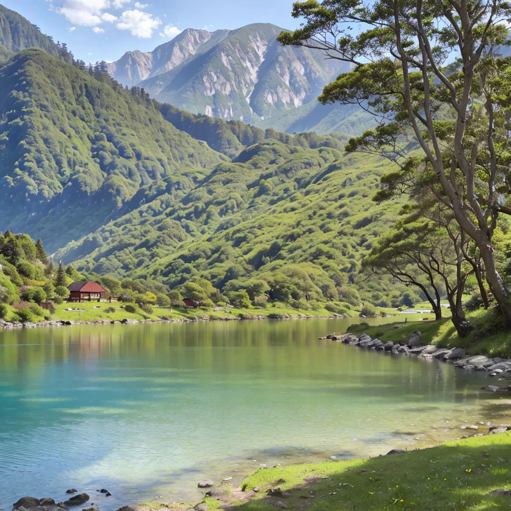 detailed watercolor landscape, beautiful detailed trees, lush green foliage, serene lake, snow-capped mountains in the distance, warm golden sunlight, soft pastel colors, impressionist brushstrokes, atmospheric haze, reflections on the water, detailed rocky shoreline, dense forest in the foreground, (best quality,4k,8k,highres,masterpiece:1.2),ultra-detailed,(realistic,photorealistic,photo-realistic:1.37),landscape painting