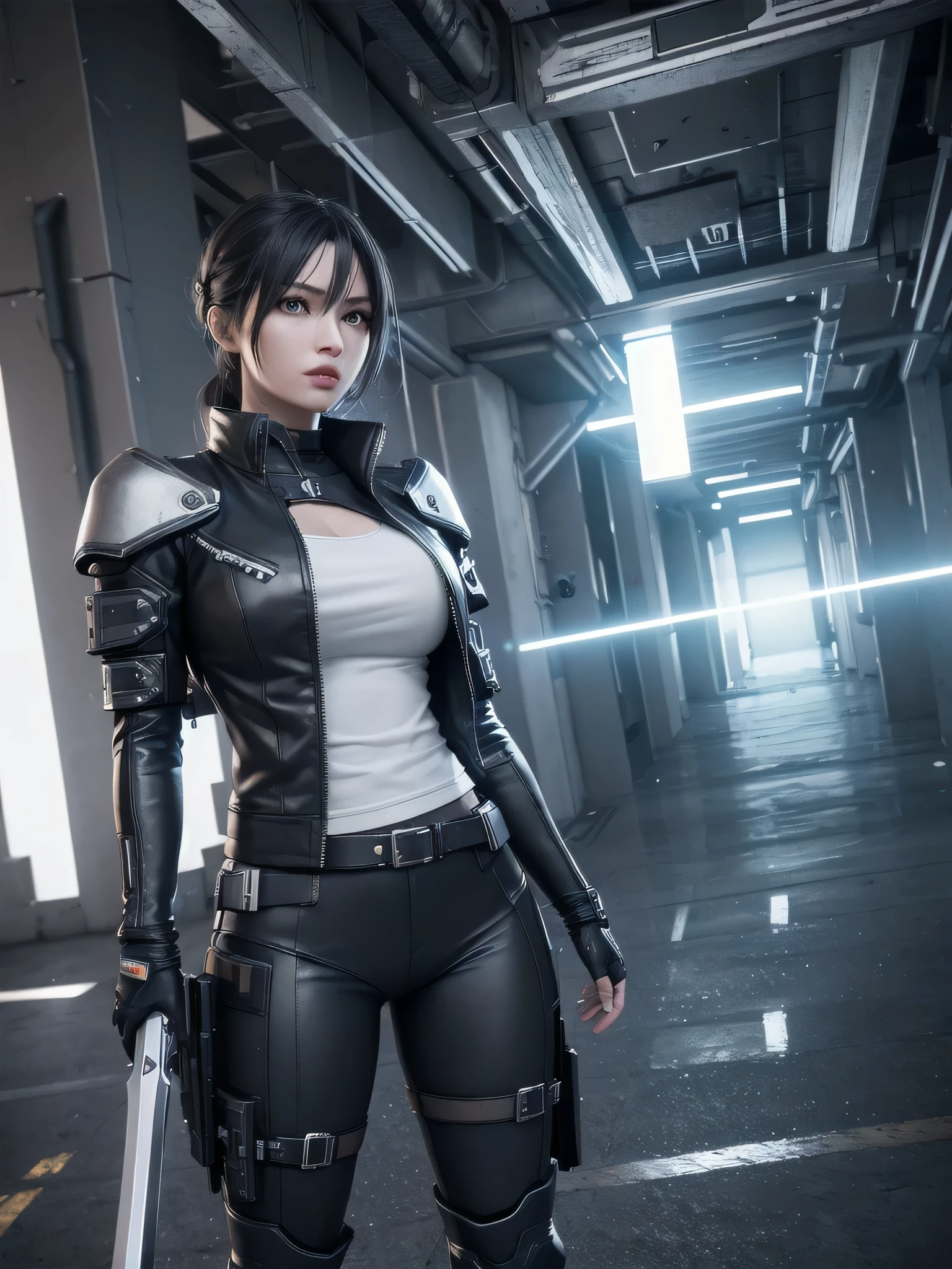 3D cyberpunk woman, detailed portrait, holding a large sword, hyperrealistic, dramatic lighting, hdr, ray tracing, nvidia rtx, 8k resolution, unreal engine 5, subsurface scattering, pbr texturing, post-processing, anisotropic filtering, depth of field, maximum clarity, multilayer textures, albedo and specular maps, accurate light-material interaction simulation, perfect proportions, octane rendering, two-tone lighting, wide aperture, low iso, white balance, rule of thirds, circuits and ai