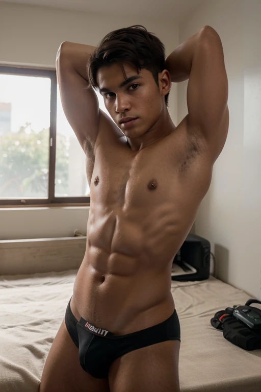 Foto RAW de un adolescente muy musculoso y definido, 18 years old, mexicano, ojos cafes, de tez morena, pelo negro corto, plano de cuerpo completo, solo con boxers negros, flexionando su abdomen, looking to the camera, cinematographic, small details, Fotorrealista, foto ultrarrealista, 8k UHD, DSLR, soft lighting, Alta calidad, film grain, Fujifilm XT3, (obra maestra),