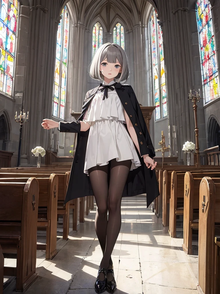 masterpiece, best quality, 1 girl, solo, 12 years old, flat chest, Perfect Face, beautiful,grey hair,  bob cut, undertaker, church, black pantyhose, looking through legs