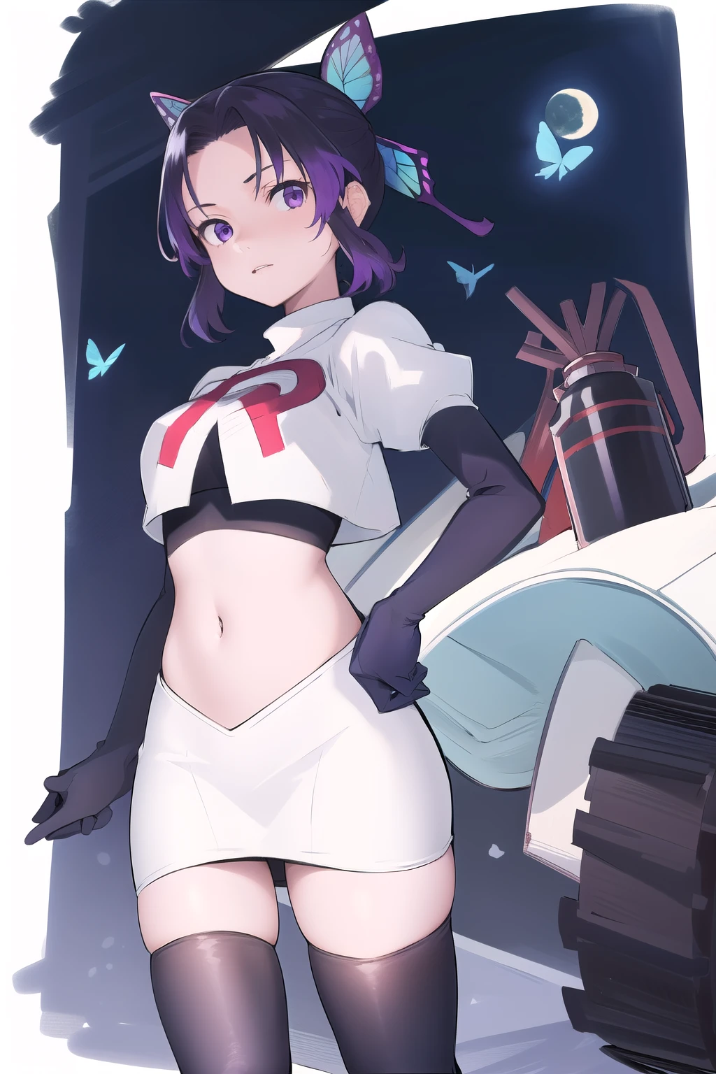 masterpiece, best quality, highres, 1girl, solo, kochou shinobu, butterfly hair ornament, purple eyes, multicolored hair, short hair, parted bangs, team rocket,team rocket uniform,white skirt,red letter R,crop top,black thigh-highs,black elbow gloves, cowboy shot, forest, night, moon
