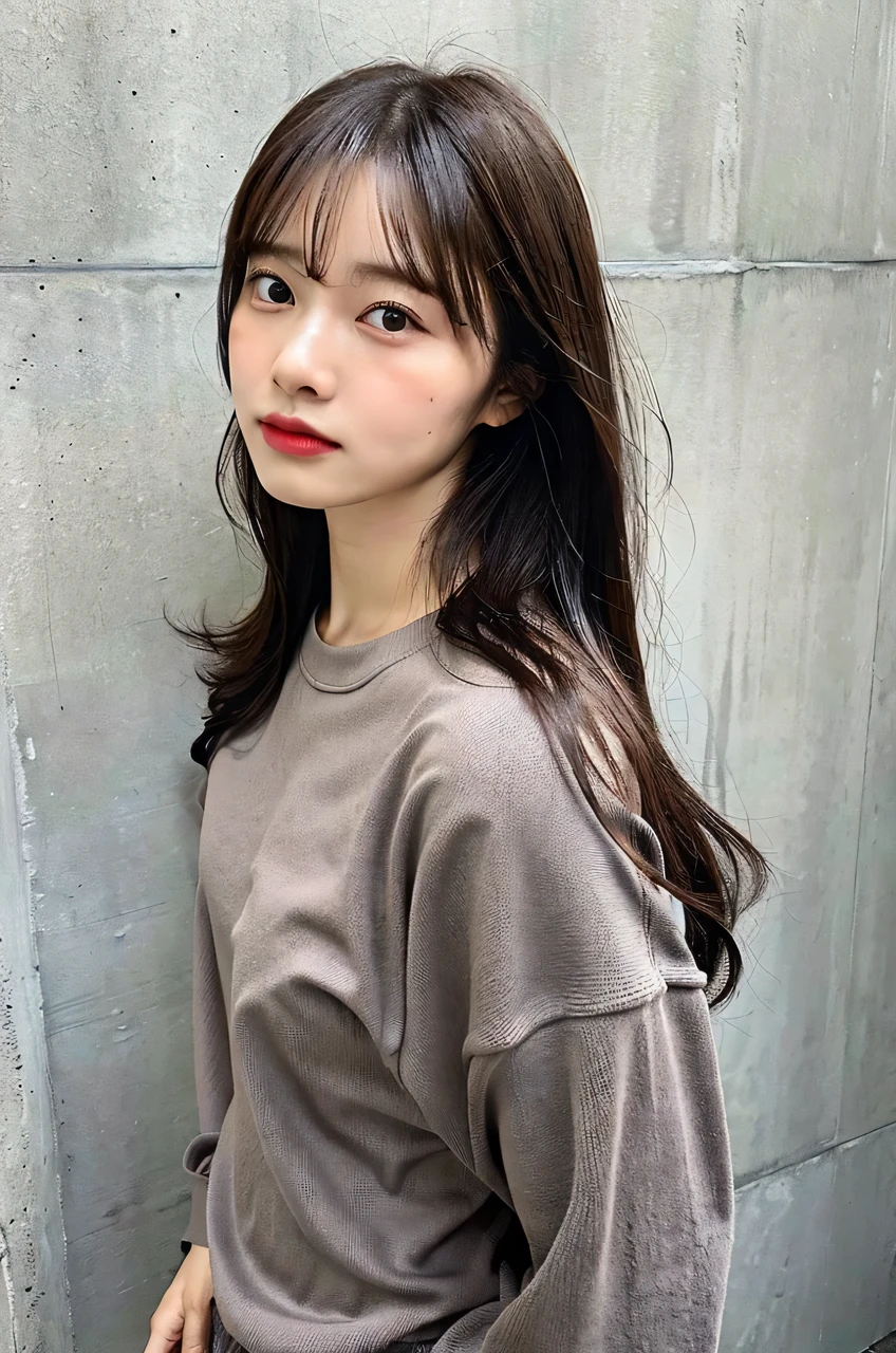 of the highest quality, 1 beautiful woman, age 28, S, 35mm lens, F/1, Cowboy Shot, Concrete background、Tile background、Perm Hair、Sweat Shirt、Dark brown