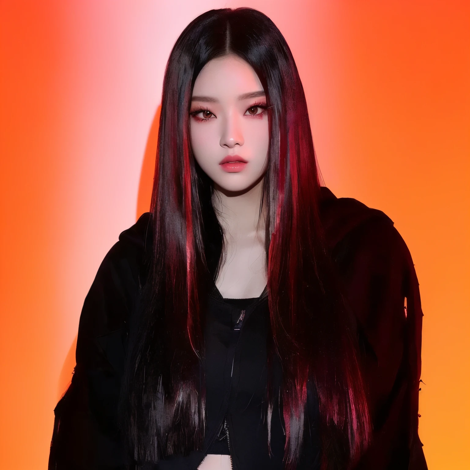 arafed woman with long black hair and red highlights posing for a picture, jossi of blackpink, portrait of jossi of blackpink, iu lee ji-eun as a super villain, blackpink jennie, cruel korean goth girl, the hime cut, jisoo of blackpink, gongbi, roseanne park of blackpink, jisoo from blackpink, jaeyeon nam