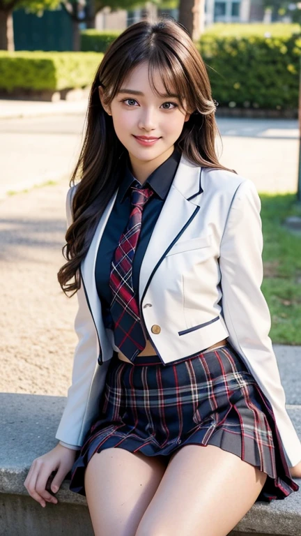 (8k), (highest quality: 1.2), (Realistic), (Realistic: 1.37), Ultra-high resolution, 1 girl,16 years old, Big smile,blue eyes, Duck mouth, Beautiful details, Beautiful Nose, Wet Hair, Giant Dulcefo, pork, Thighs,Self Snap,University uniform,sunny day,sit on a white bench in the park,Downward,(Simple light brown blazer 1),(Dark brown pleated skirt),Dark red bow tie,(The skirt and tie are tartan checked.:1.3),Thighs,Knee-high tights,Thighsにクローズアップ,A young and cute gravure idol,