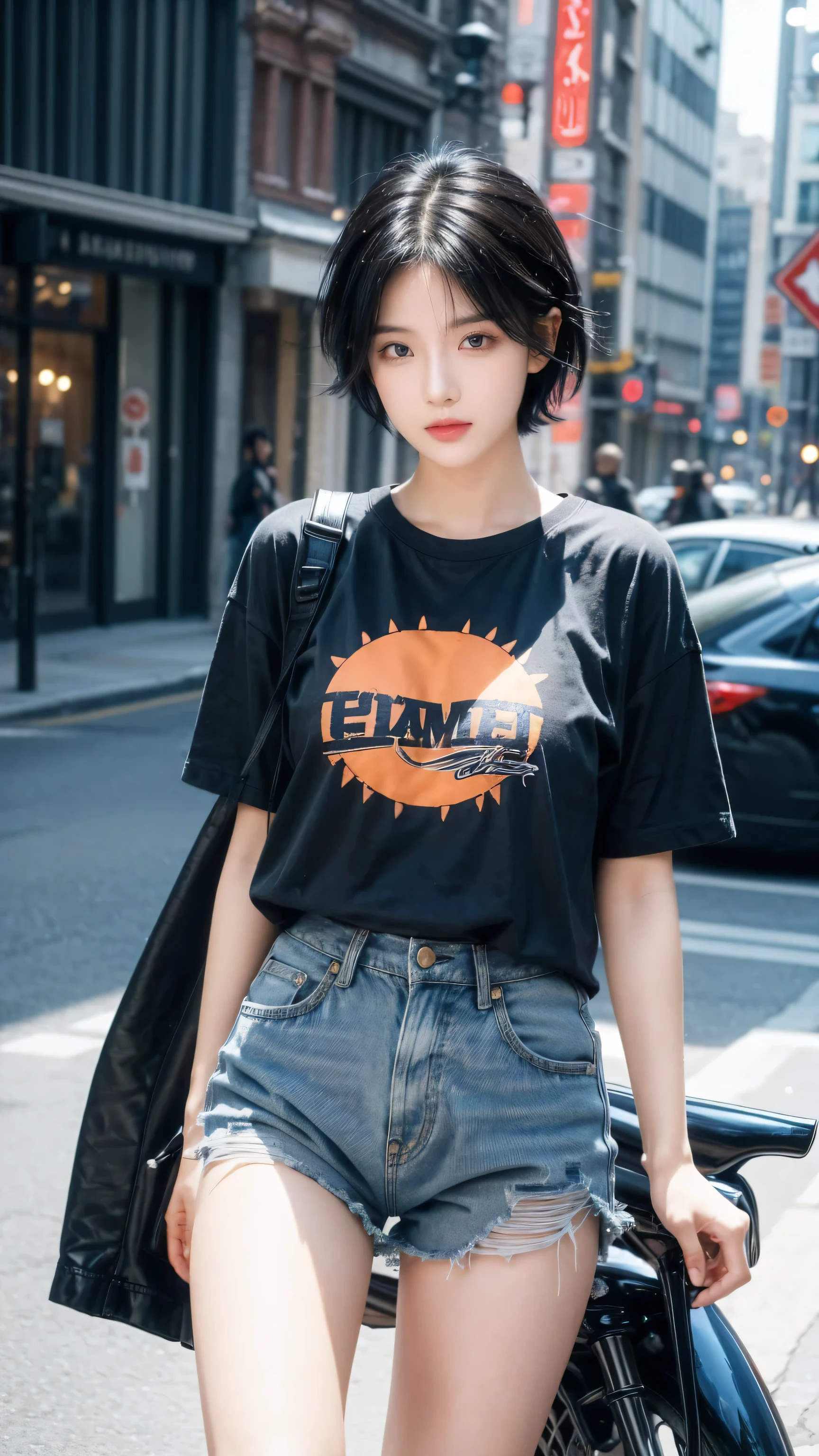 best quality, 1 Girl, dark blue hair, black eyes, Very short hair, Spiky hair, oversize t-shirt orange , High waist short jeans, 171 cm, Messy hair, Hair between the eyes, Medium breasts, full, Tomboy, aldult, 20 years old, 1 Girl near motorcycle orange