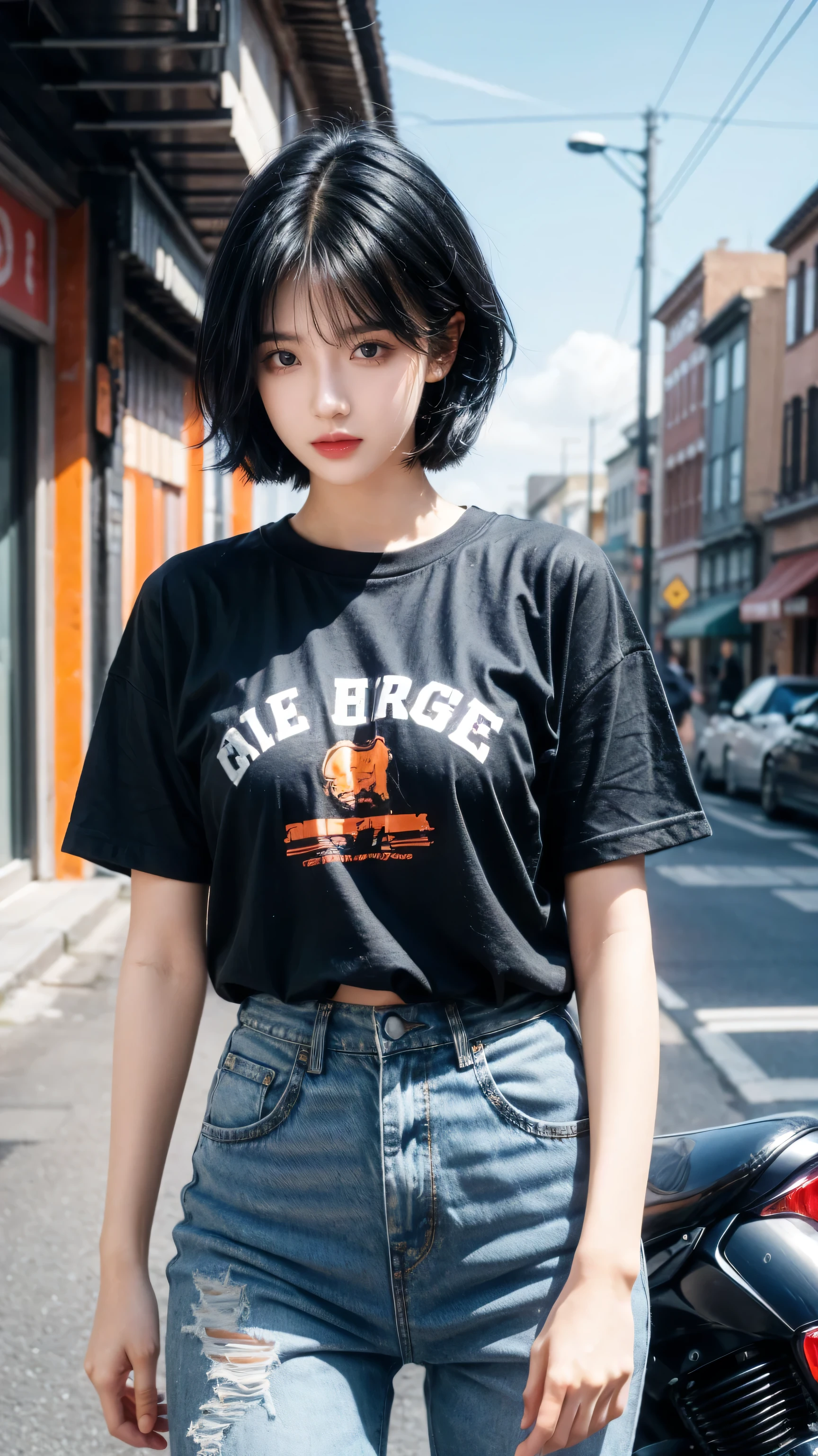 best quality, 1 Girl, dark blue hair, black eyes, Very short hair, Spiky hair, oversize t-shirt orange , High waist short jeans, 171 cm, Messy hair, Hair between the eyes, Medium breasts, full, Tomboy, aldult, 20 years old, 1 Girl near motorcycle orange