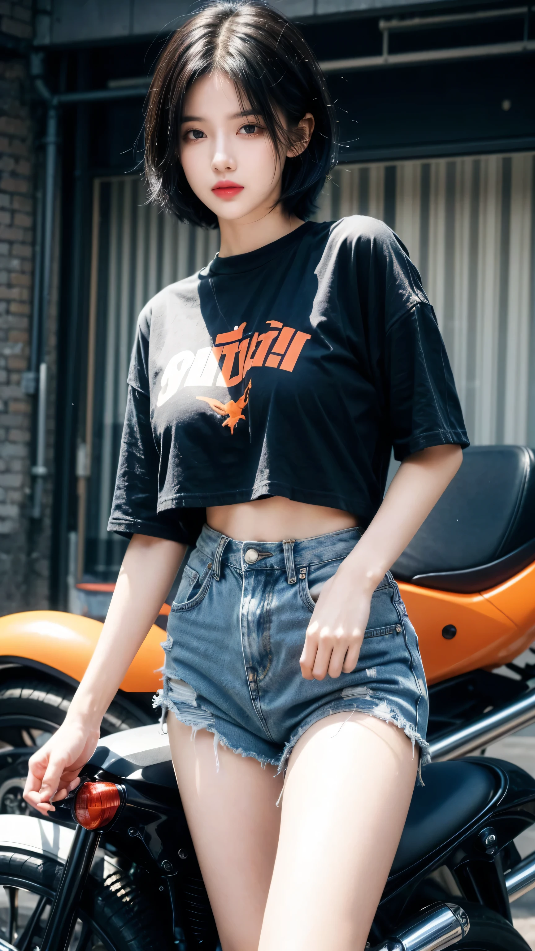 best quality, 1 Girl, dark blue hair, black eyes, Very short hair, Spiky hair, oversize t-shirt orange , High waist short jeans, 171 cm, Messy hair, Hair between the eyes, Medium breasts, full, Tomboy, aldult, 20 years old, 1 Girl near motorcycle orange