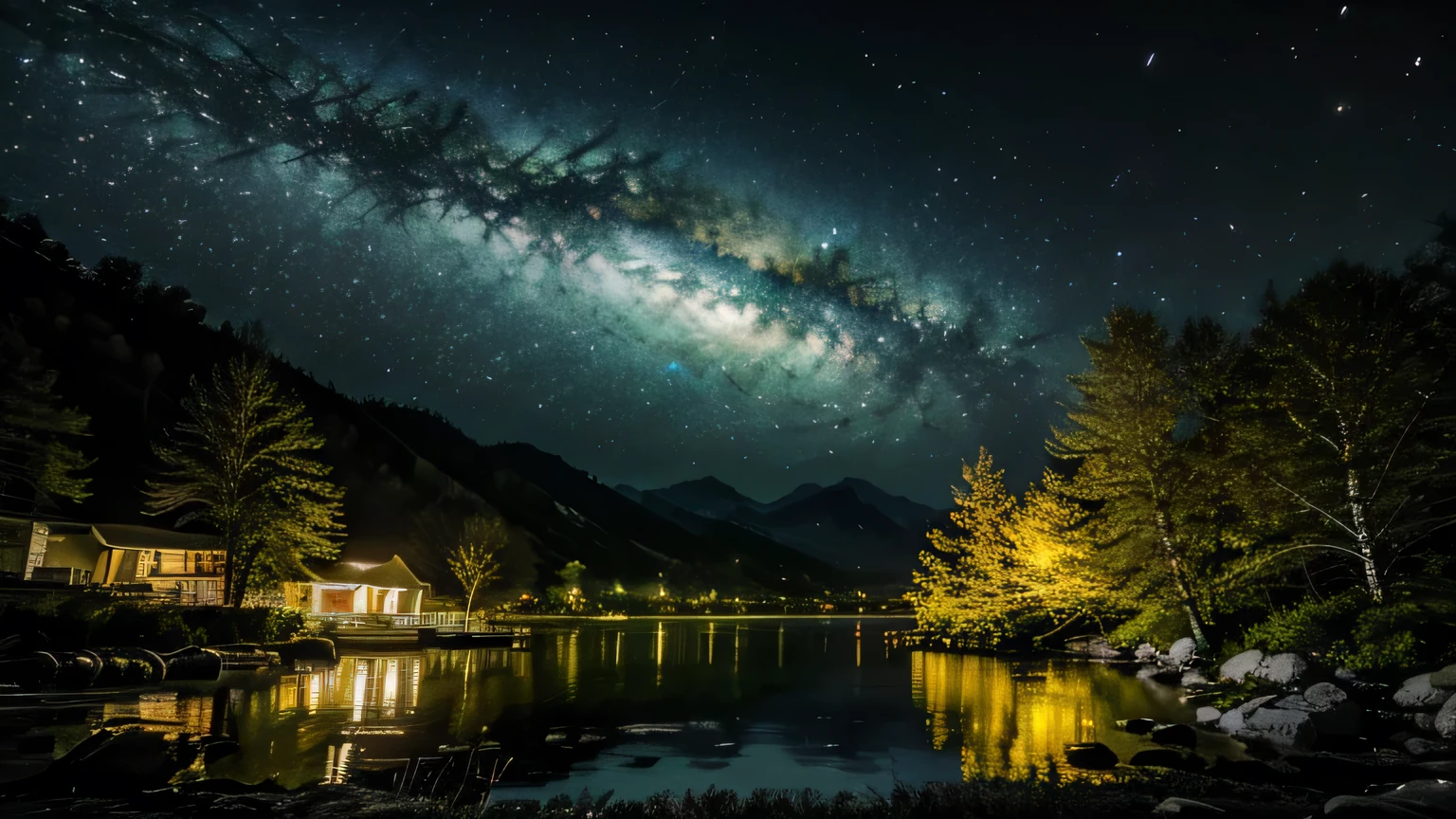 Very detailed, high quality, masterpiece, beautiful, night, (Dark Environment), Mountain々, water, wood, The Universe、mystery