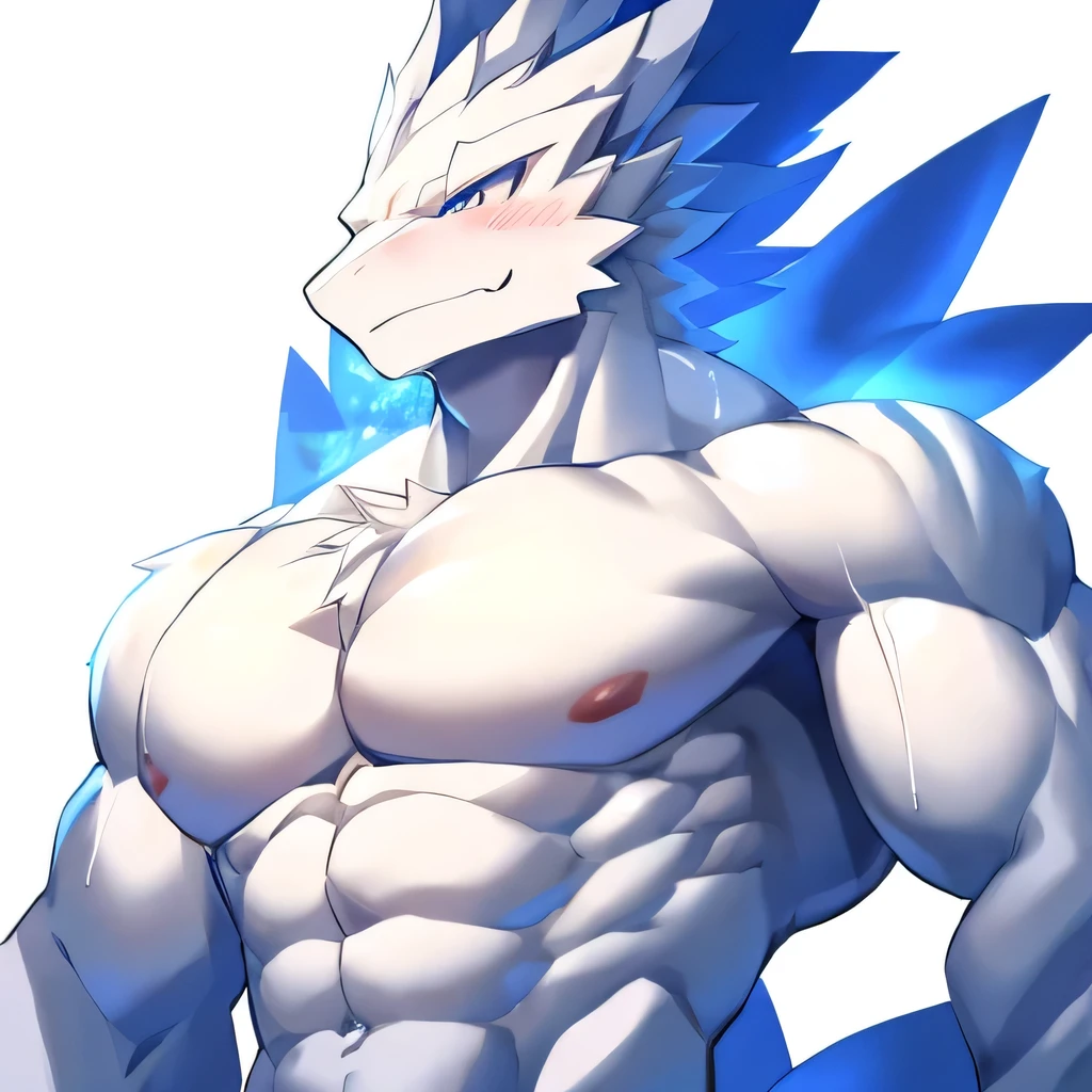 Thin macho white dragon abs Hollow abs thick arms chest rig 、sweaty skin glow profile Wearily short of breath clenching one's back teeth Knees on the floor rubber suit
