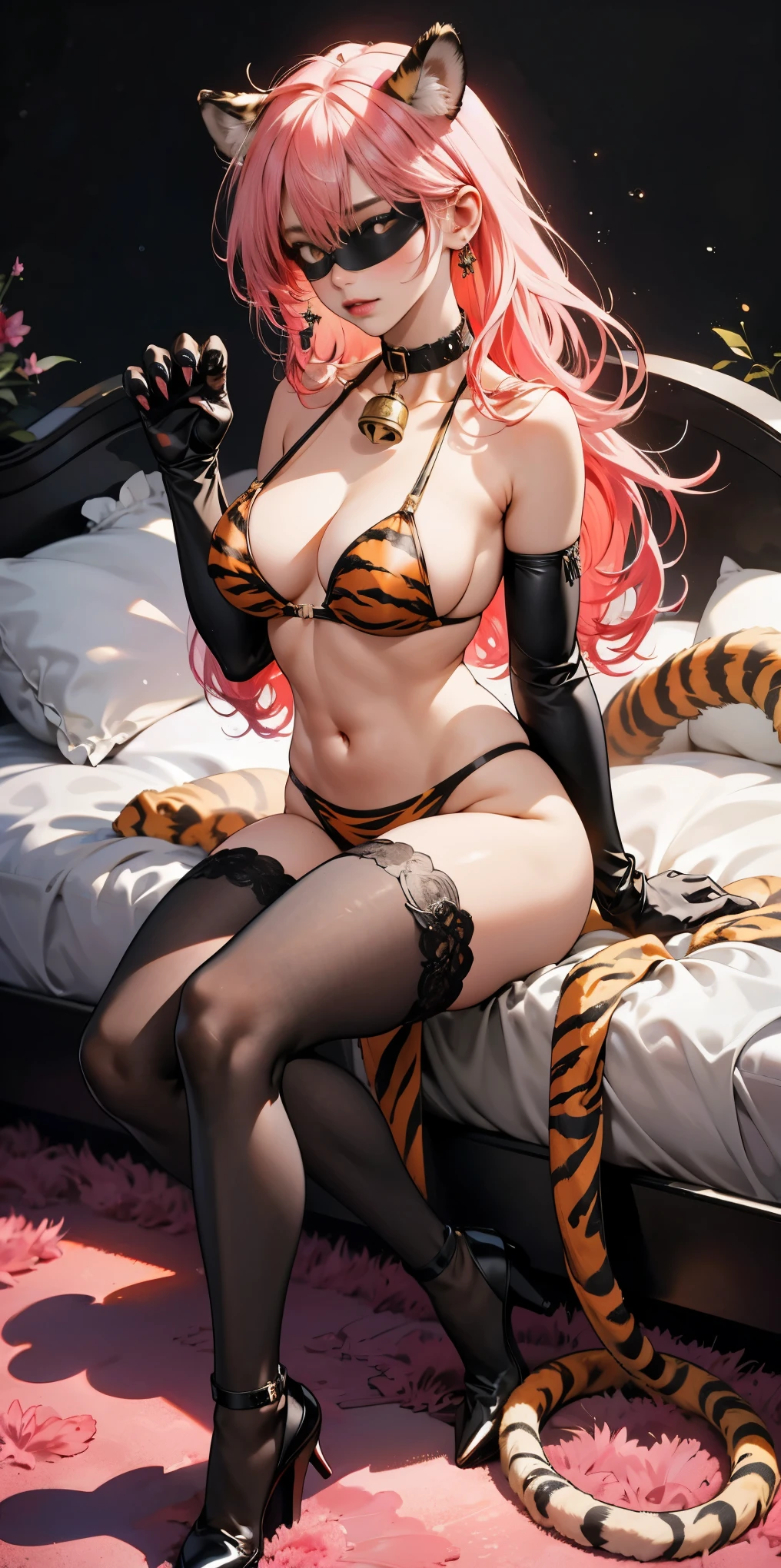 1 solo female gazed (blindfolded), animal tiger ears, animal tiger hands, animal tiger print, bell, bikini, breasts, choker, claws, cleavage, collar, full body, gloves, large breasts, pink lips, long hair, looking at viewer, navel, neck bell, on bed, tiger paw gloves, tail, thigh highs, tiger ears, tiger print, tiger tail, white long hair, sitting on bed bedroom background