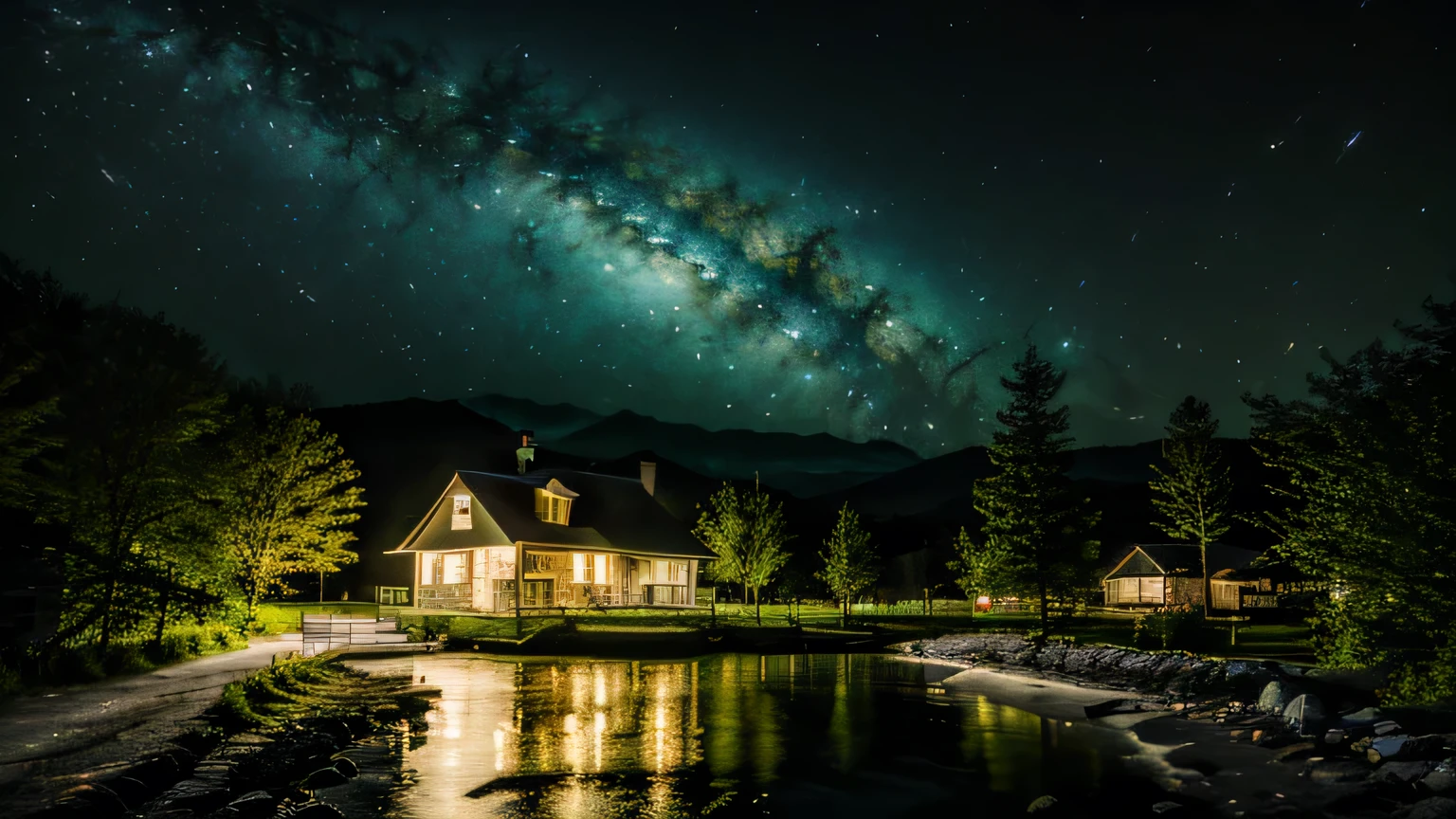 Very detailed, high quality, masterpiece, beautiful, night, (Dark Environment), Mountain々, water, wood, The Universe、mystery