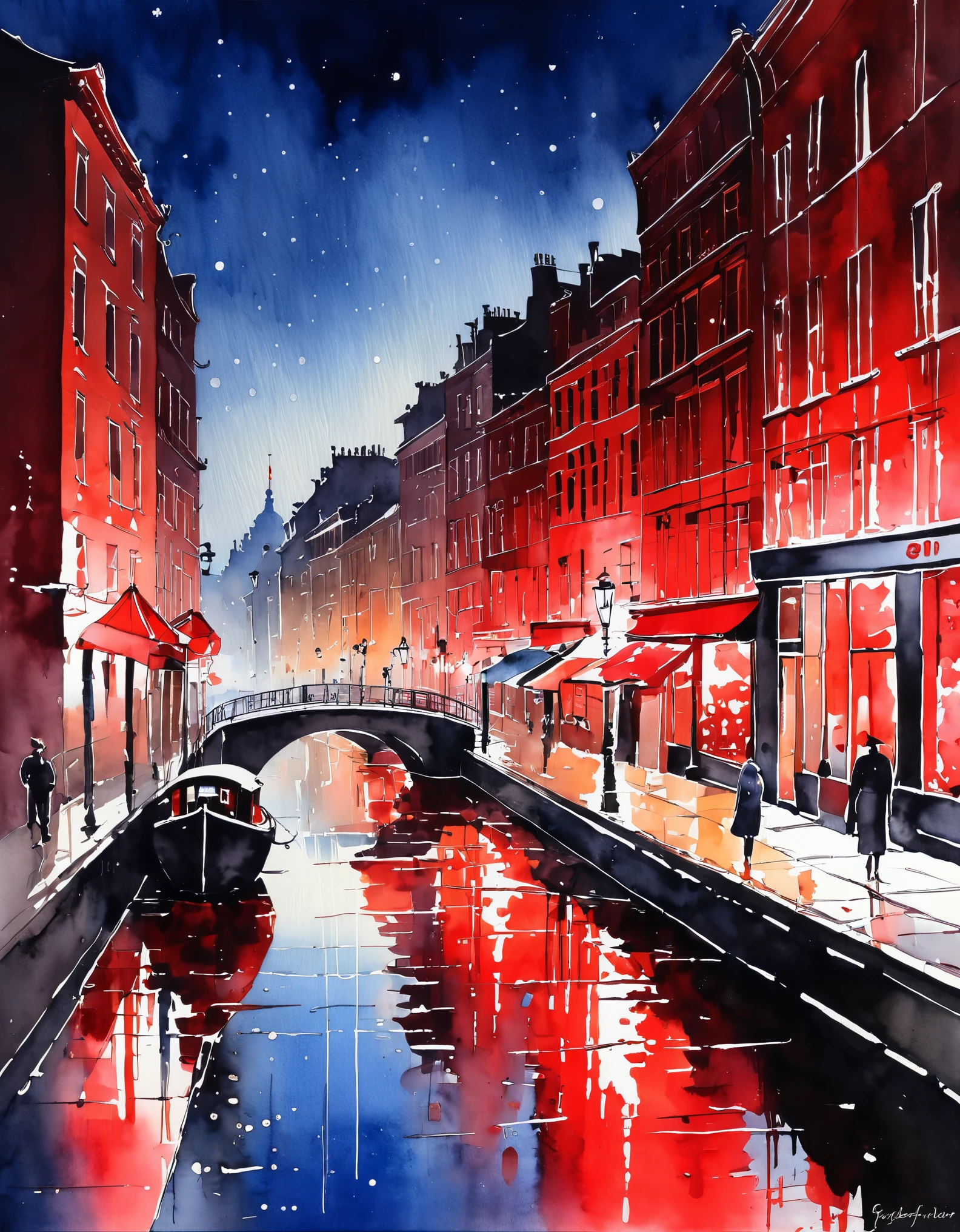 best quality, super fine, 16k, delicate and dynamic, superb watercolor landscape painting, A gorgeous red-light district at night, modern and retro, pop and classic, new and old, learning from the past, (magnificent view:1.7) , (watercolor techniques, bleeding, layering, dry brushing, sputtering, dripping, gradation, wiping)