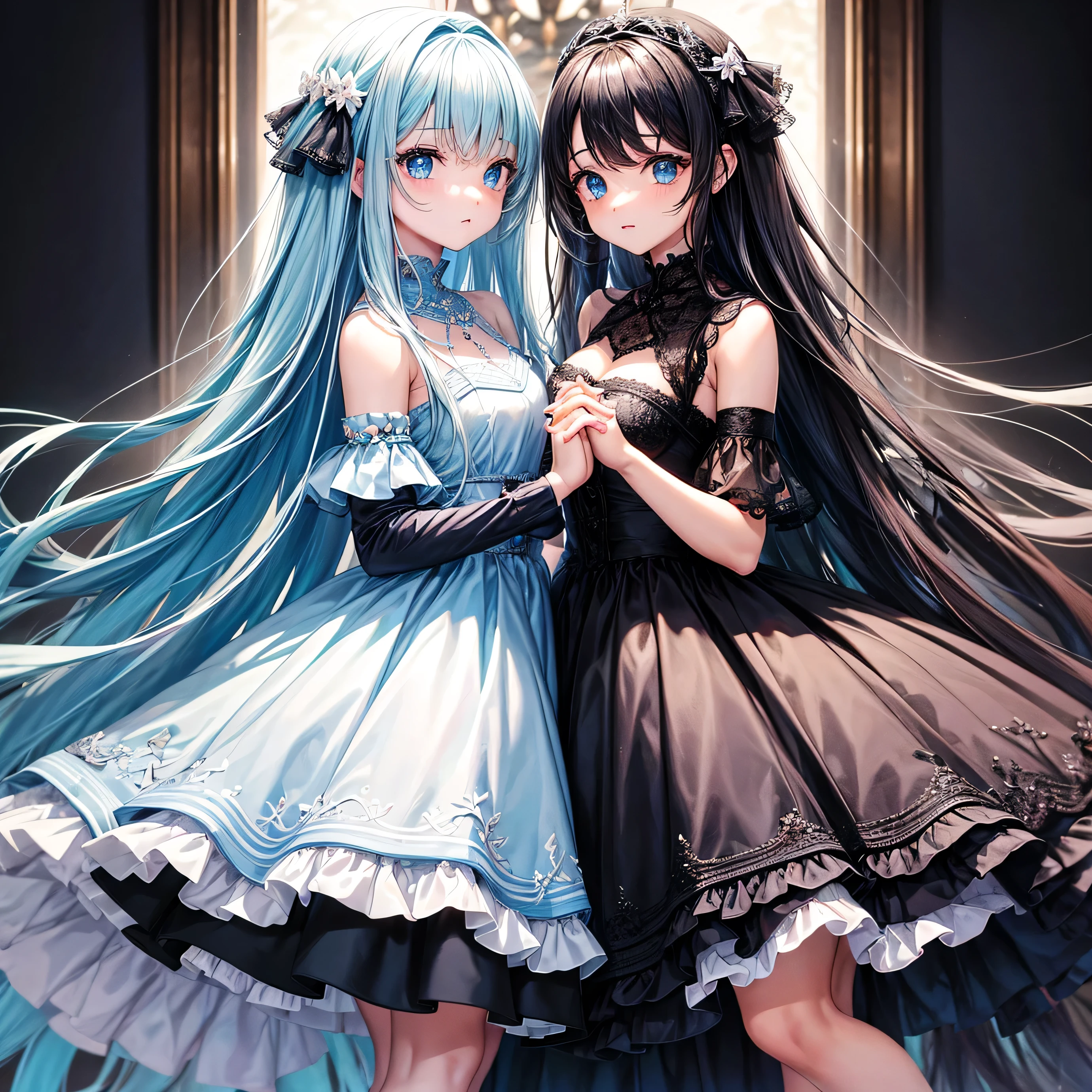 I want two friends holding hands , uma das meninas de cabelo curto cor preto, com olhos puxados e boca pequena vestida em um vestido cor Azul de sapato branco , a outra  de cabelo grande cor preto o e igual a outra  