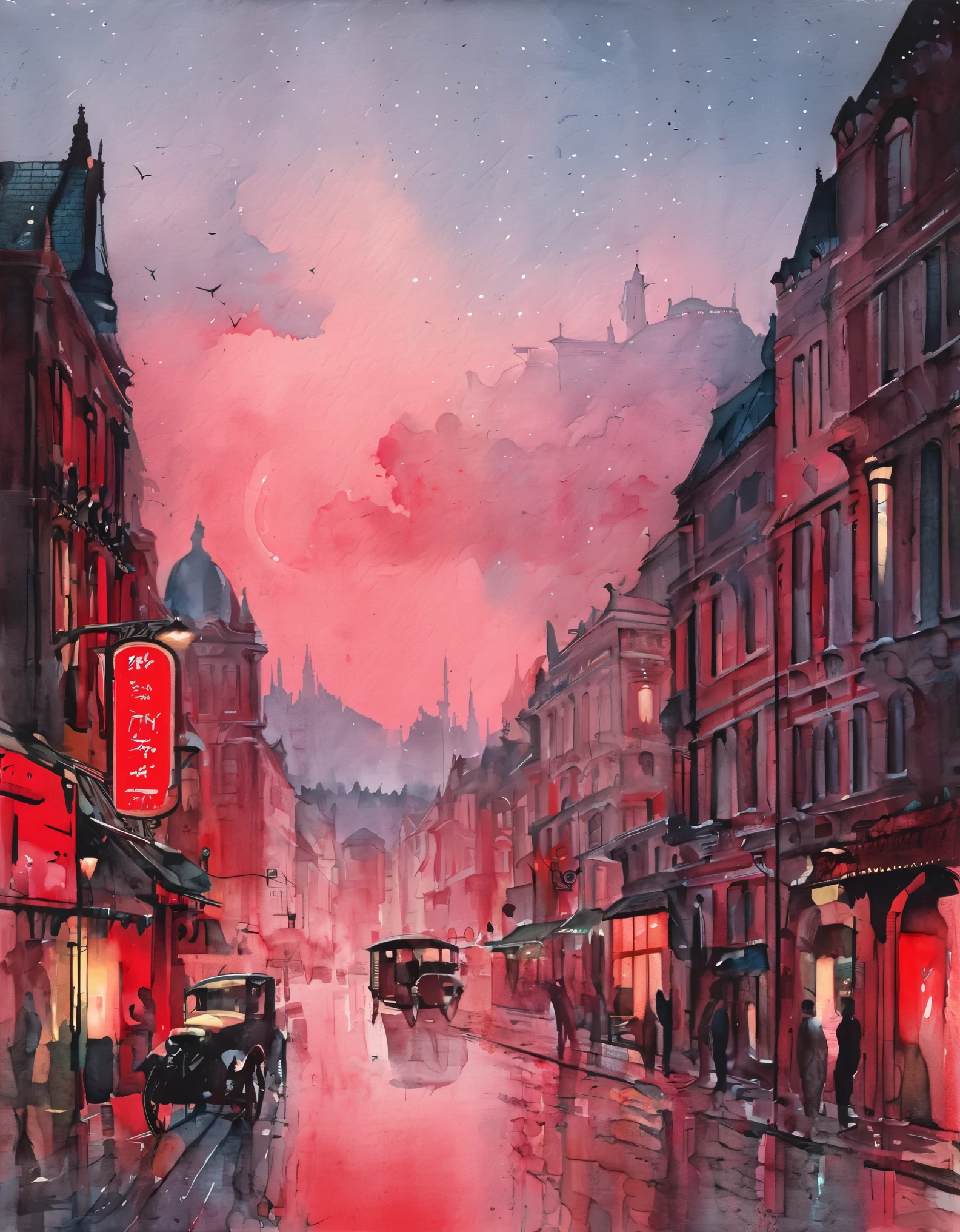 best quality, super fine, 16k, delicate and dynamic, superb watercolor landscape painting, A gorgeous red-light district at night, modern and retro, pop and classic, new and old, learning from the past, (magnificent view:1.7) , (watercolor techniques, bleeding, layering, dry brushing, sputtering, dripping, gradation, wiping)