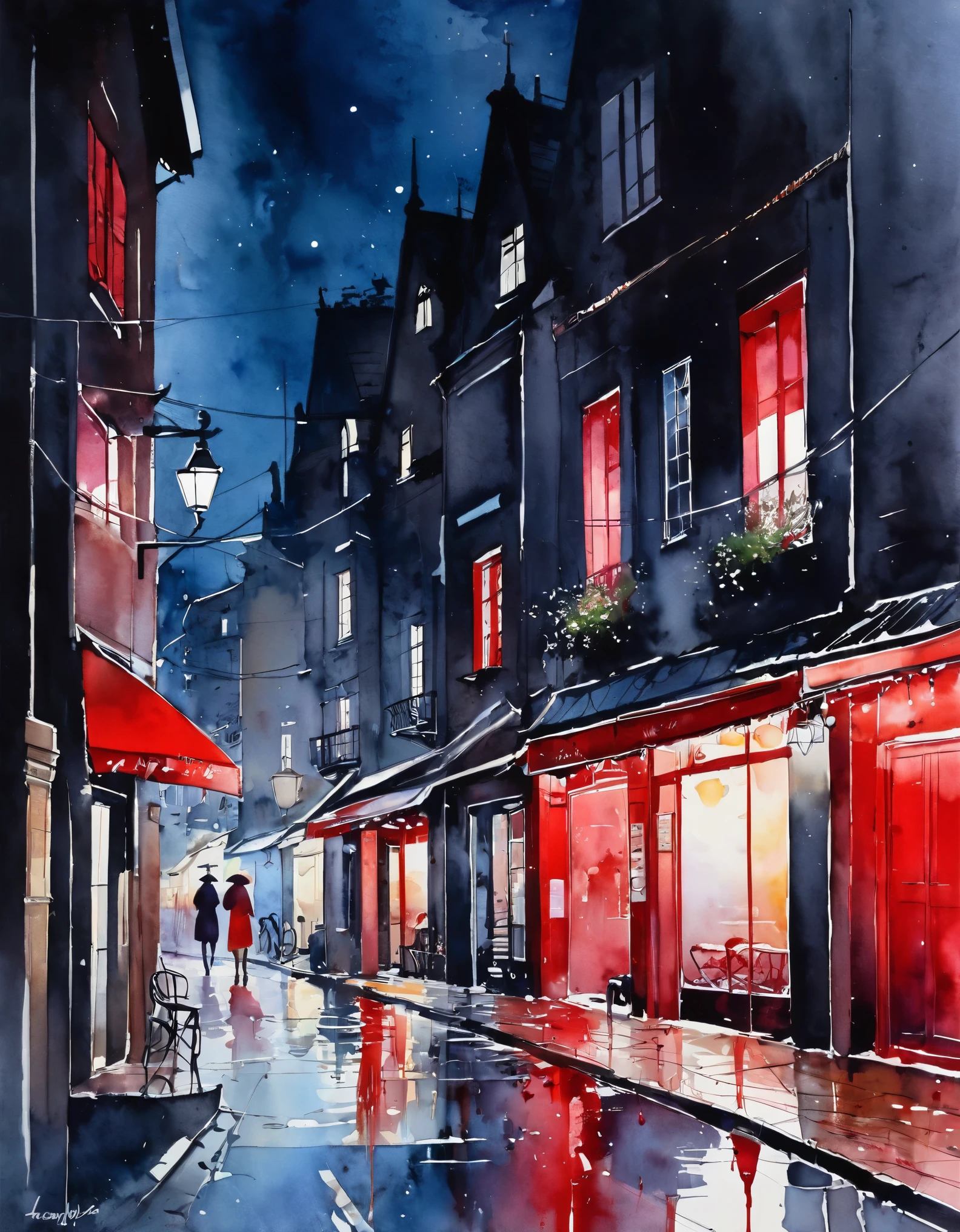 best quality, super fine, 16k, delicate and dynamic, superb watercolor landscape painting, A gorgeous red-light district at night, modern and retro, pop and classic, new and old, learning from the past, (magnificent view:1.7) , (watercolor techniques, bleeding, layering, dry brushing, sputtering, dripping, gradation, wiping)