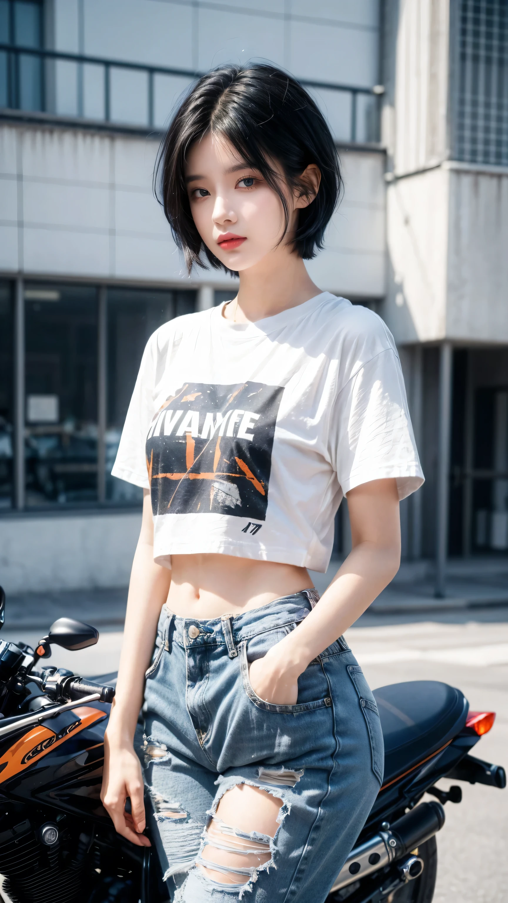 best quality, 1 Girl, dark blue hair, black eyes, Very short hair, Spiky hair, oversize t-shirt orange , High waist short jeans, 171 cm, Messy hair, Hair between the eyes, Medium breasts, full, Tomboy, aldult, 20 years old, 1 Girl near motorcycle orange