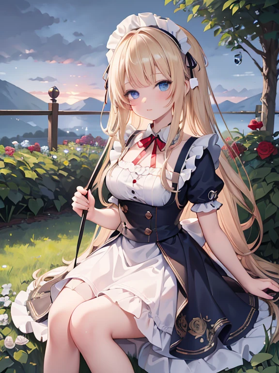 masterpiece, highest quality, Very detailed, 16k, Ultra-high resolution, 12 year old girl, Detailed face, blue eyes, Blonde, Braid, Red ribbon on head, Black maid outfit, blue sky, garden, Red Rose, garden木, Like raindrops,