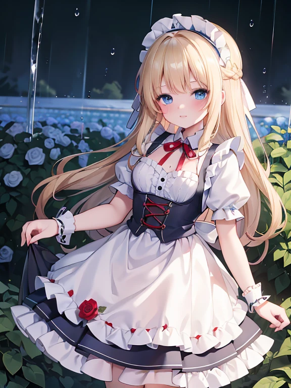 masterpiece, highest quality, Very detailed, 16k, Ultra-high resolution, 12 year old girl, Detailed face, blue eyes, Blonde, Braid, Red ribbon on head, Black maid outfit, blue sky, garden, Red Rose, garden木, Like raindrops,