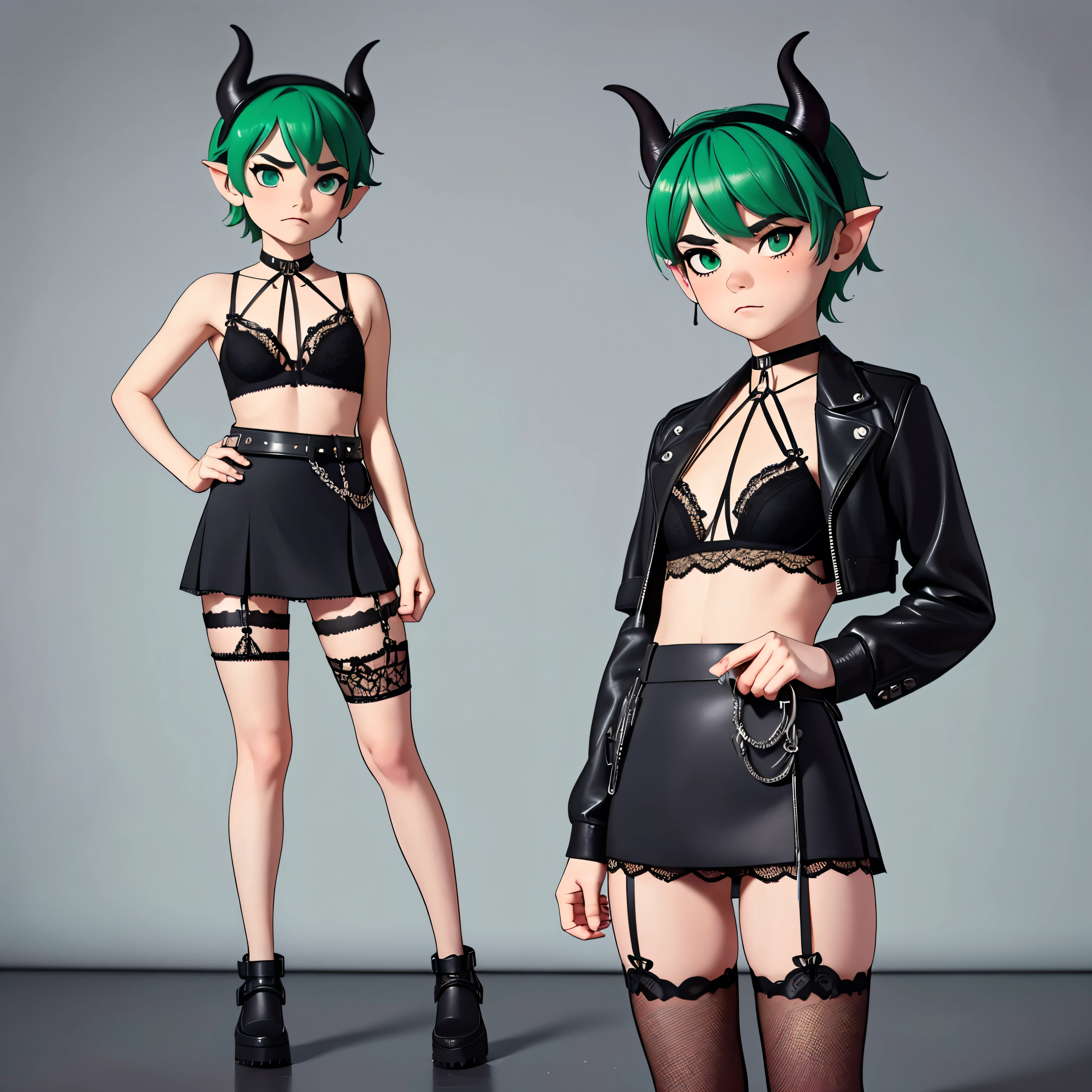 1 boy, masculine, confident expression, (flat chest:1.2), thick thighs, medium hair, green hair, small devil horns, black lace bra, black lace miniskirt, black jacket, thigh highs, gothic, dslr, high quality, (8k, RAW photo, best quality, masterpiece:1.2),ultra-detailed, pattern background