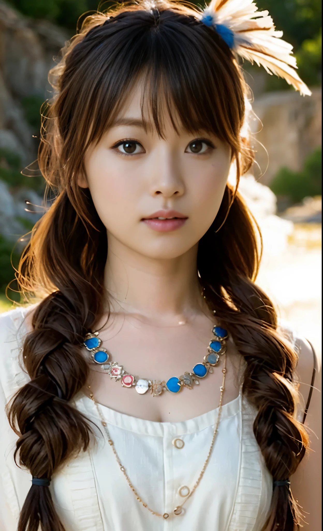 ((Perfect anatomy with attention to detail, with detailed full body depiction with no extra limbs)) ,masterpiece,Ulzan 6500,(Realisticなphoto),Idol Shiho plays a Native American woman who lives in the beautiful, majestic canyons of the American West.,((She has cute twin-tails with a thick braided hairband covering her forehead.,Two large eagle feathers are attached vertically)),Wearing a large necklace like a talisman-like magatama, wristbands and anklets,Running with a big, furry wolf through a moonlit valley with a huge canyon in the background,He looks great in traditional Native American clothing made roughly from brown leather.,(最high quality:1.2),(Realistic:1.37),Vibrant colors,Soft moonlight,native pattern,Flowing hair accessories and traditional clothing,Expressive and powerful eyes,Impressive features,A proud and powerful stance,Background sacred animals,Natural elements,Iconic moon and stars,Tribal symbols,Subtle texture,Painterly style,Emphasizing light and shadow,Clear Face,masterpiece,Super Detail,Great composition,Ultra HD,high quality,Very detailed,soft,4K wallpaper,Super Detail,4K shooting with deep depth of field,