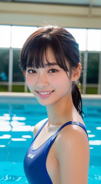 (highest quality, 8k, masterpiece: 1.3), Pretty girl with perfect body shape: 1.4, (high school student, s), Black Hair, ponytail,(Blunt bangs:1.2), (School Swimsuit, Regulation blue one-piece swimsuit), In the pool, School swimming lessons, Highly detailed face and skin, Fine grain, double eyelid, Small breasts, smile
