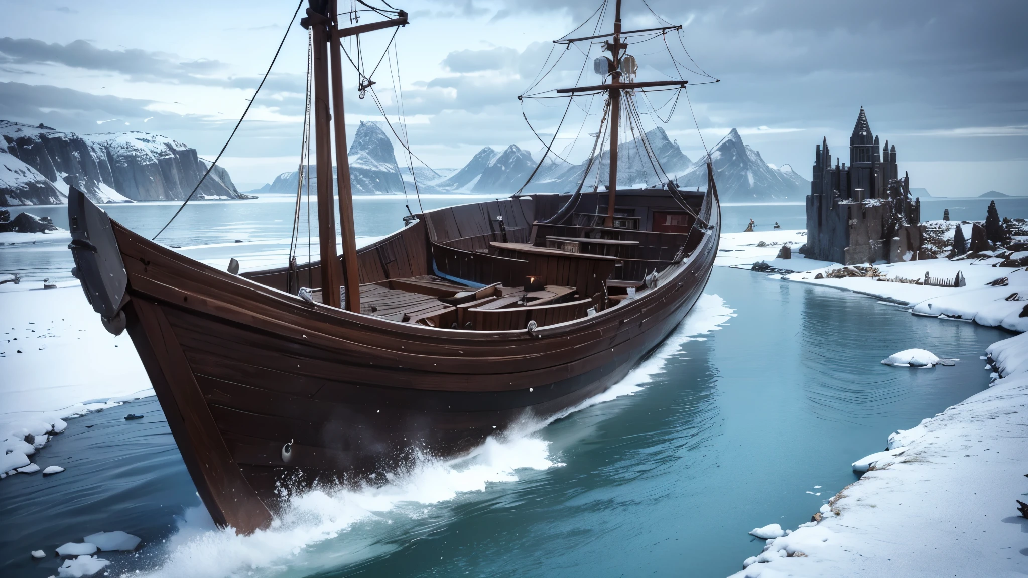 a norse viking boat 1000 years ago on a river of ice realistc 
