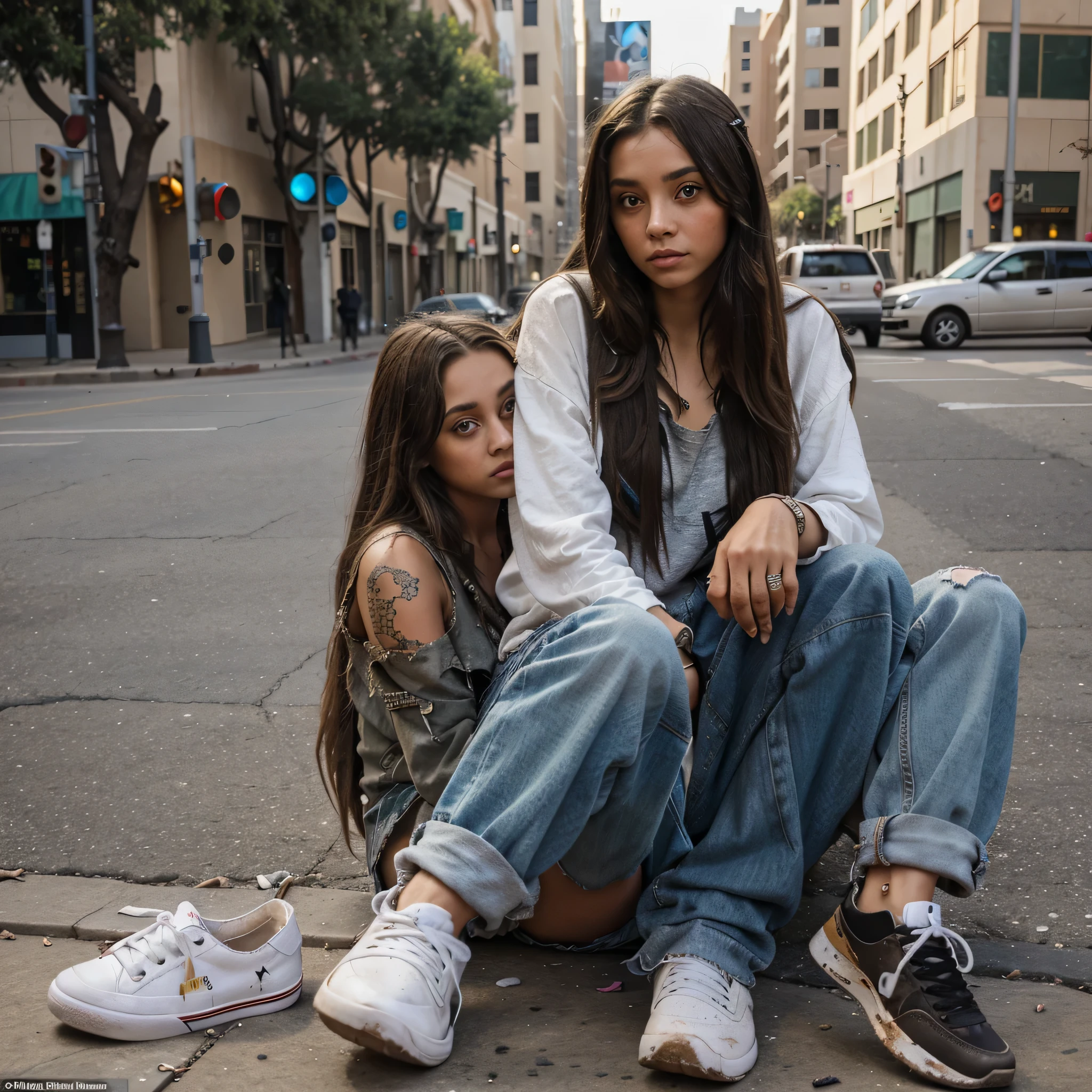 Beautiful , homeless , tattered clothes, dirty, big eyes, full lips, long hair, in the middle of downtown Los Angeles with new designer sneakers