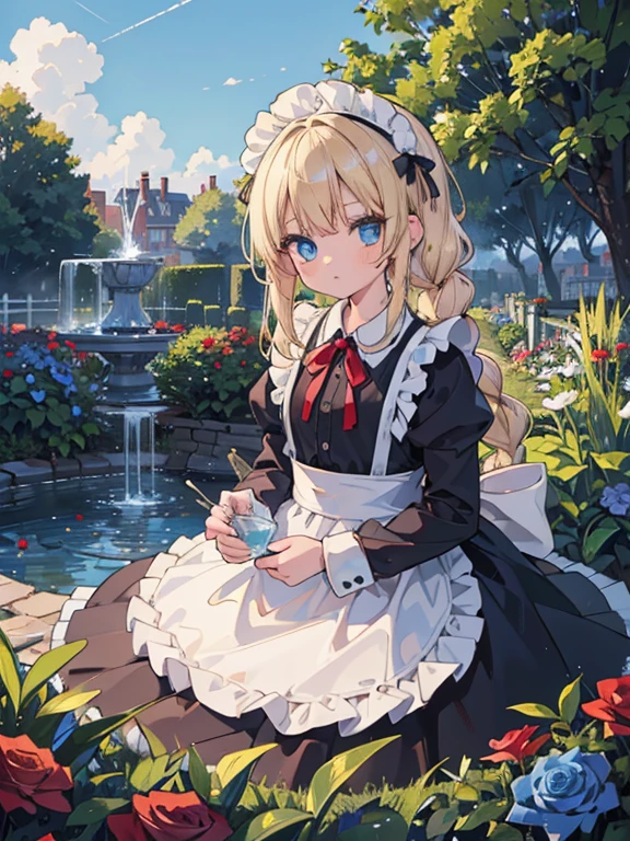 masterpiece, highest quality, Very detailed, 16k, Ultra-high resolution, 12 year old girl, Detailed face, blue eyes, Blonde, Braid, Red ribbon on head, Black maid outfit, blue sky, garden, Red Rose, garden木, Like raindrops, Watering