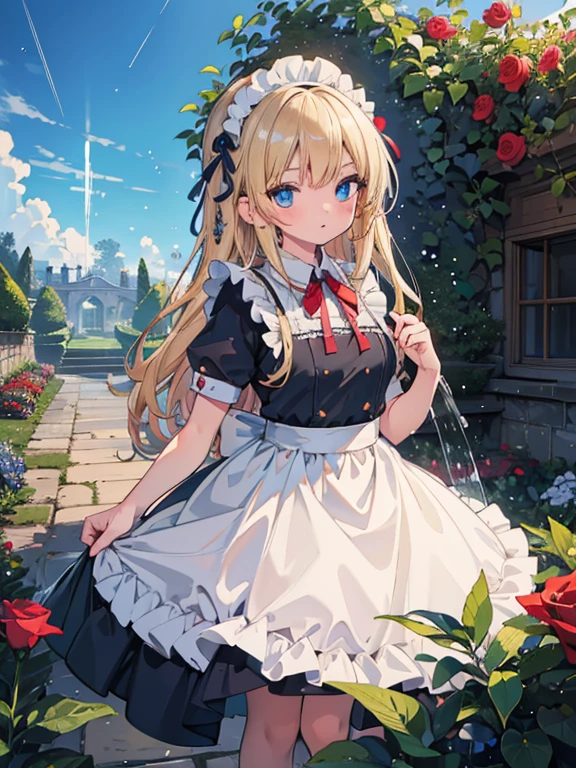 masterpiece, highest quality, Very detailed, 16k, Ultra-high resolution,  girl, Detailed face, blue eyes, Blonde, Braid, Red ribbon on head, Black maid outfit, blue sky, garden, Red Rose, garden木, Like raindrops, Watering