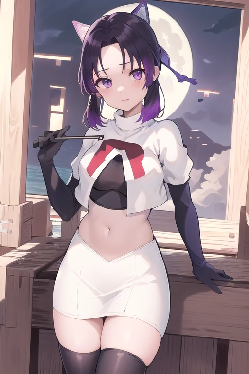 masterpiece, best quality, highres, 1girl, solo, kochou shinobu, butterfly hair ornament, purple eyes, multicolored hair, short hair, parted bangs, team rocket,team rocket uniform,white skirt,red letter R,crop top,black thigh-highs,black elbow gloves, cowboy shot, forest, night, moon