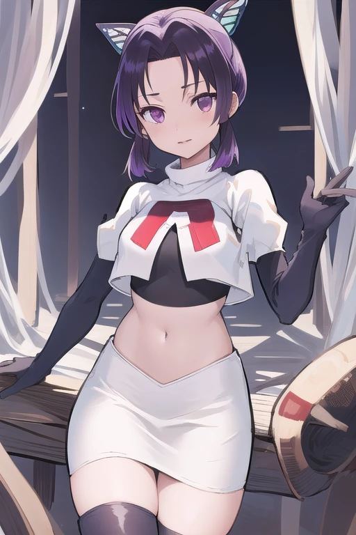 masterpiece, best quality, highres, 1girl, solo, kochou shinobu, butterfly hair ornament, purple eyes, multicolored hair, short hair, parted bangs, team rocket,team rocket uniform,white skirt,red letter R,crop top,black thigh-highs,black elbow gloves, cowboy shot, forest, night, moon