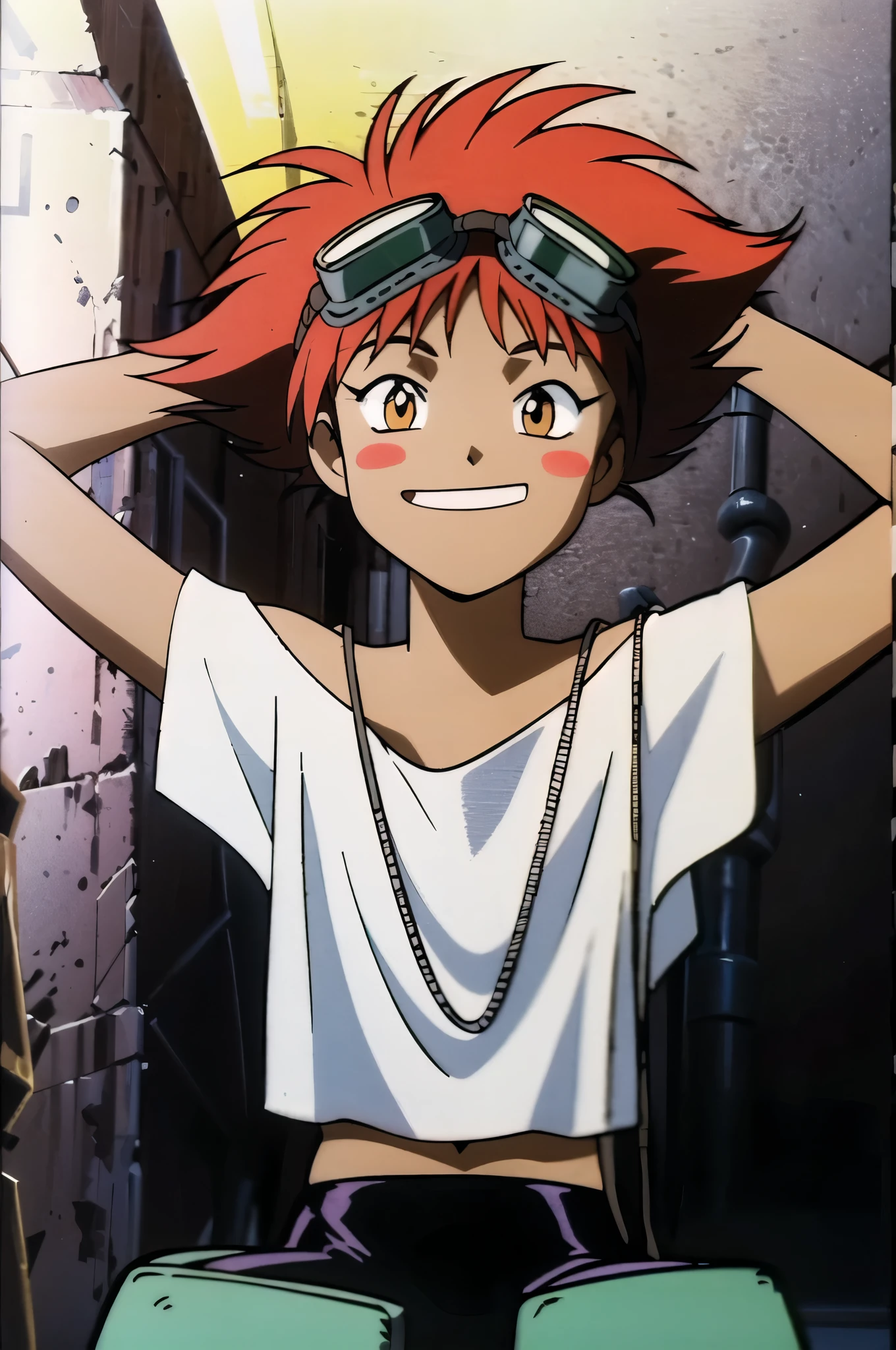 Edward, midriff, orange hair, blush stickers, dark skin, (white loose shirt), off shoulder, bike shorts, brown eyes, goggles on head, smile, space station, engine room, hands behind head, sitting on a gamer chair, (insanely detailed, beautiful detailed face, masterpiece, best quality ,