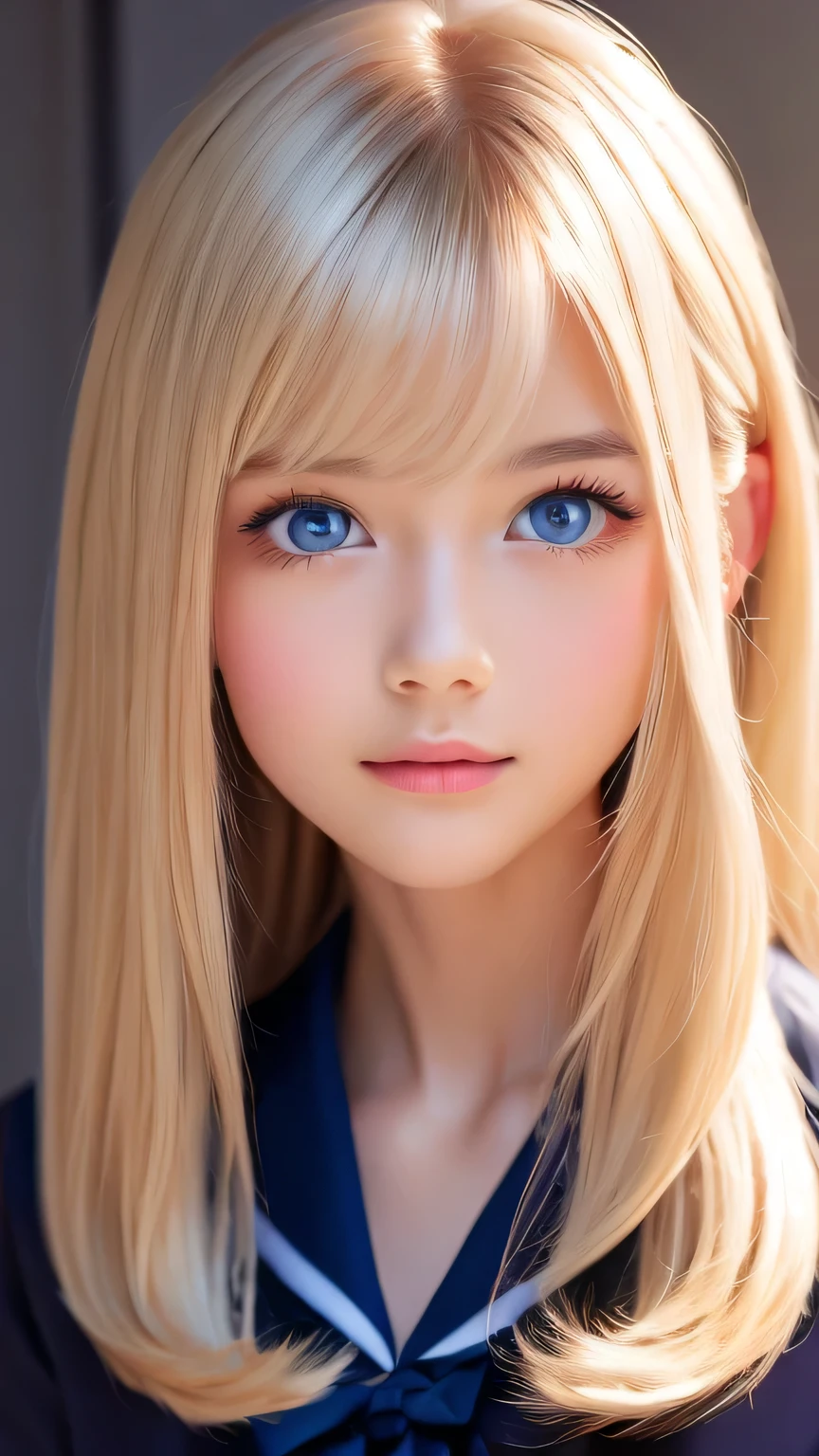 Portrait、、Sailor suit、Young shiny glossy bright white skin、Blonde reflection、Super long, natural platinum blonde hair with dazzling highlights、Bangs between the eyes、bangs that fall on the face、、Shiny bright hair,、Super long, silky straight hair、Shiny beautiful bangs、Big, bright, light blue eyes that shine beautifully、Very big eyes、Very beautiful, lovely and cute 16 year old girl、Ample Bust、Healthy glowing skin、Small Face Beauty、Round face