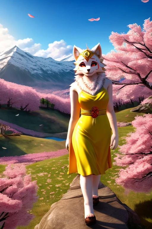 Okami Amanterasu diosa del sol furry, con un hermoso vestido, walking on a mountain with cherry trees, con un hermoso paisaje anocheciendo, beautiful and cute furry, HD 3D 4K