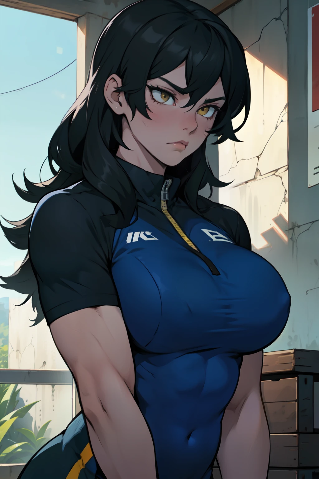 athletic build massive breasts pale skin black hair yellow eyes long hair longing longing longing longing