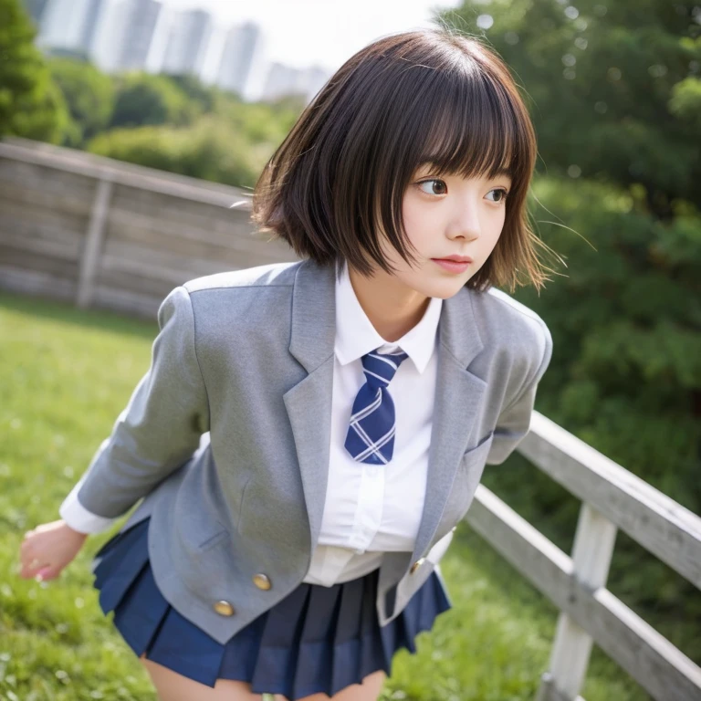 One Woman、((Standing wearing a blazer and miniskirt school uniform))、,((small breasts)),Highest quality、Very delicate and beautiful、((Very short bangs))、((Bangs))、Bright shiny black hair、Highest quality、Very delicate and beautiful、((Very short bangs))、((blunt bangs))、Light shiny brown hair、The hair is light、((Medium Bob))、Cute face、Young face、Cute like an idol、Are thin、Slim figure、slender、Short、 body type、((The background is a Japanese townscape))、Thighs、Photographed from the front、The best smile、