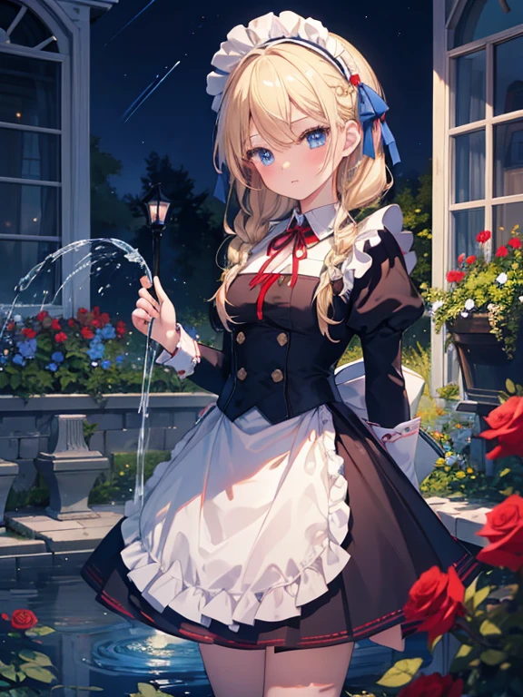 masterpiece, highest quality, Very detailed, 16k, Ultra-high resolution, 12 year old girl, Detailed face, blue eyes, Blonde, Braid, Red ribbon on head, Black maid outfit, blue sky, garden, Red Rose, garden木, Like raindrops, Watering